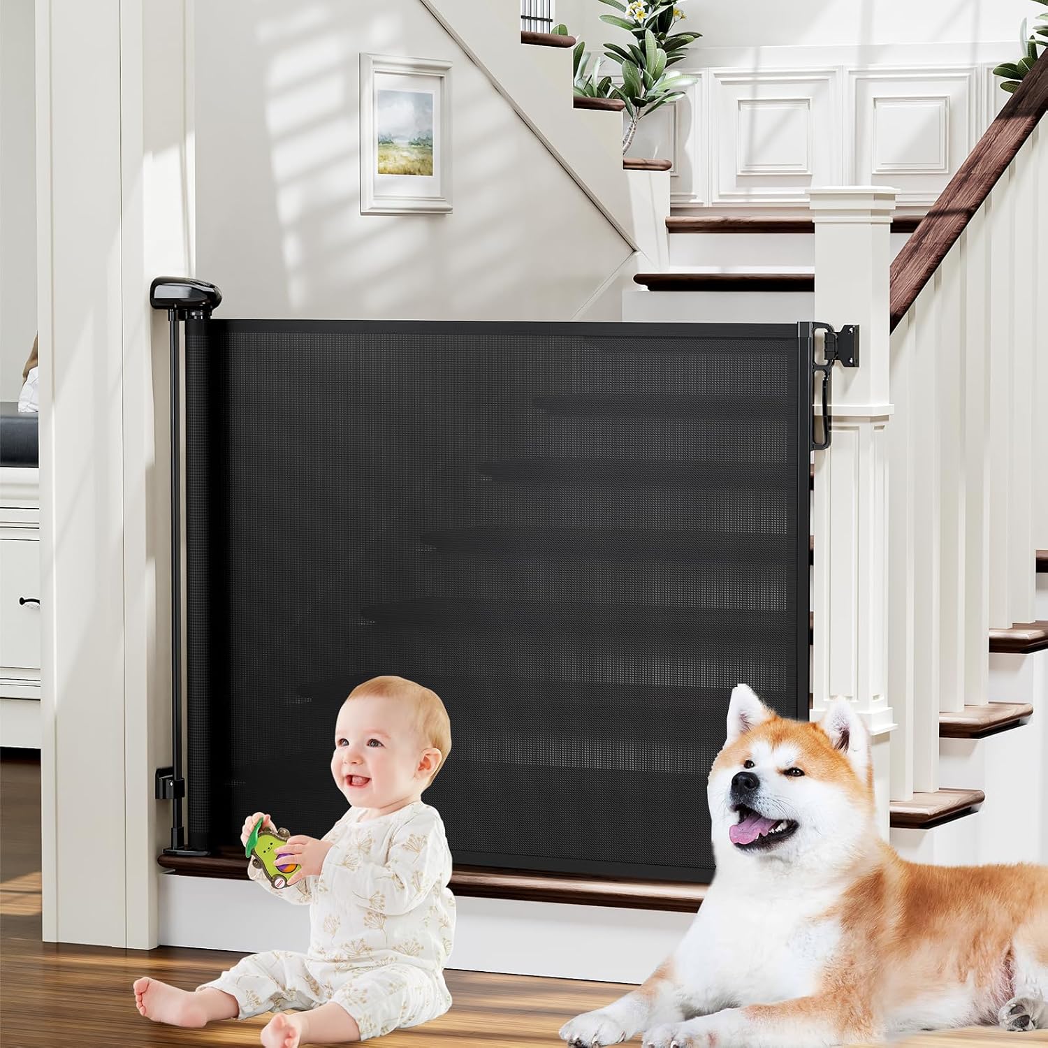 probebi Retractable Baby, Child & Dog Gates for Stairs, Extends to 54″ Wide 34″ Tall, Use for Outdoor, Indoor, Hallways, Doorways, Deck, Porch, Black