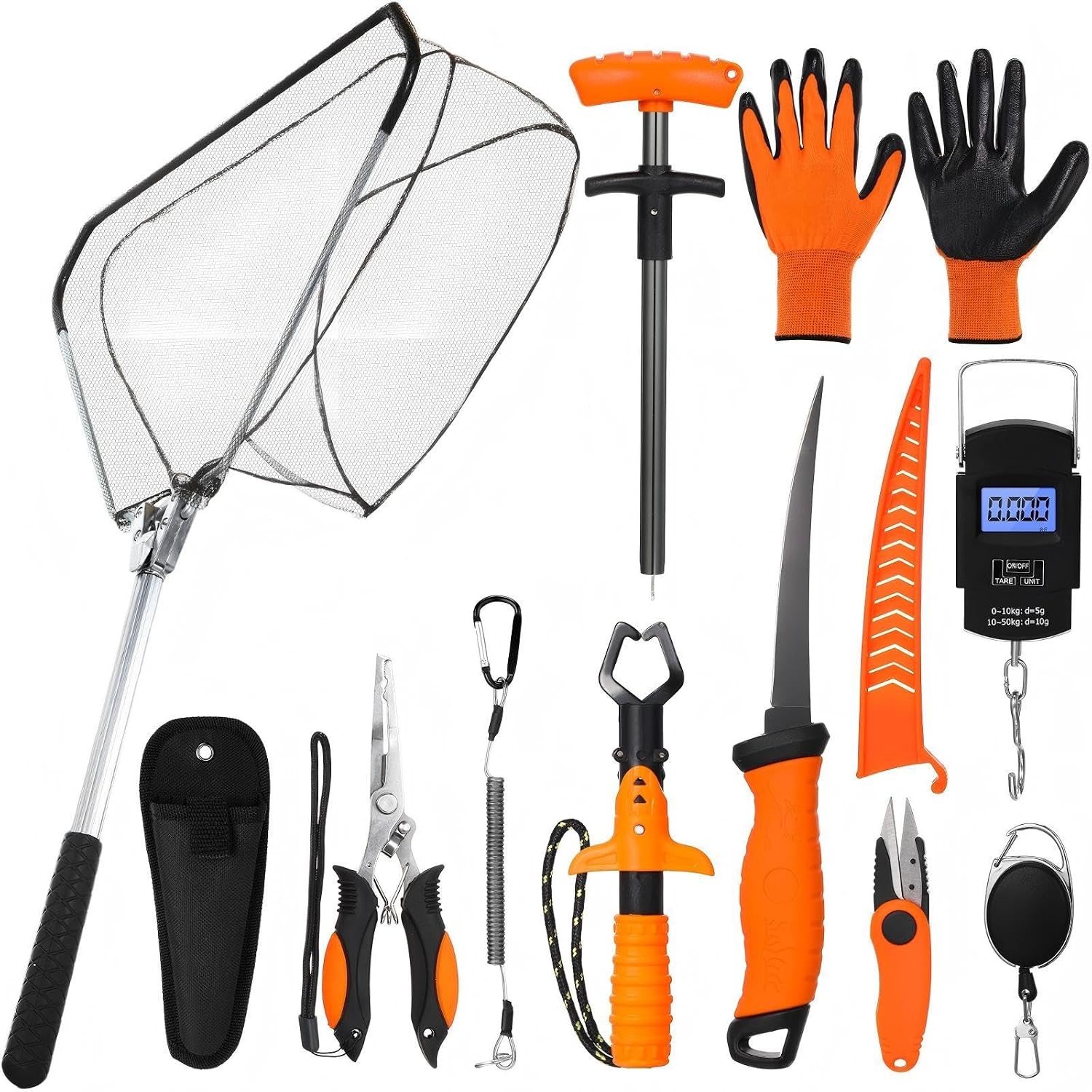 RoundFunny 10 Pcs Fishing Tool Kit, Fishing Pliers with Lanyard and Protective Sheaths, Landing Net, Fillet Knife, Fish Scale, Gripper, Hook Remover, Braid Scissors, Gloves for Men Dad Gift
