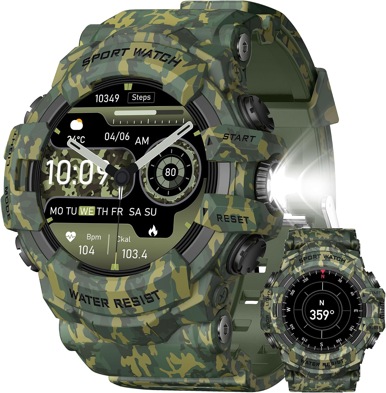 MIDDOW Military Smart Watch with Flashlight (Answer/Make Call) Compass, Heart Rate/Sleep/Sports Tracker, IP68 Waterproof, Long Battery Life, HD Screen, Android & iOS (Camouflage Green)