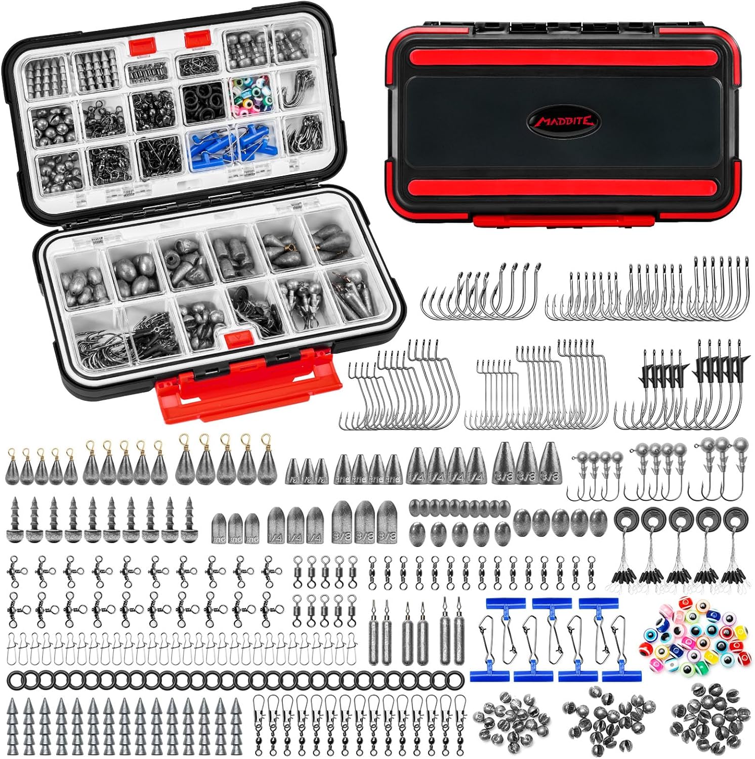 MadBite by KastKing 182/265/400pcs Compact Fishing Tackle Kit – All-in-One Freshwater Hooks, Weights, Bobbers in Tackle Box, Fishing Gear Set for Bass Trout Panfish