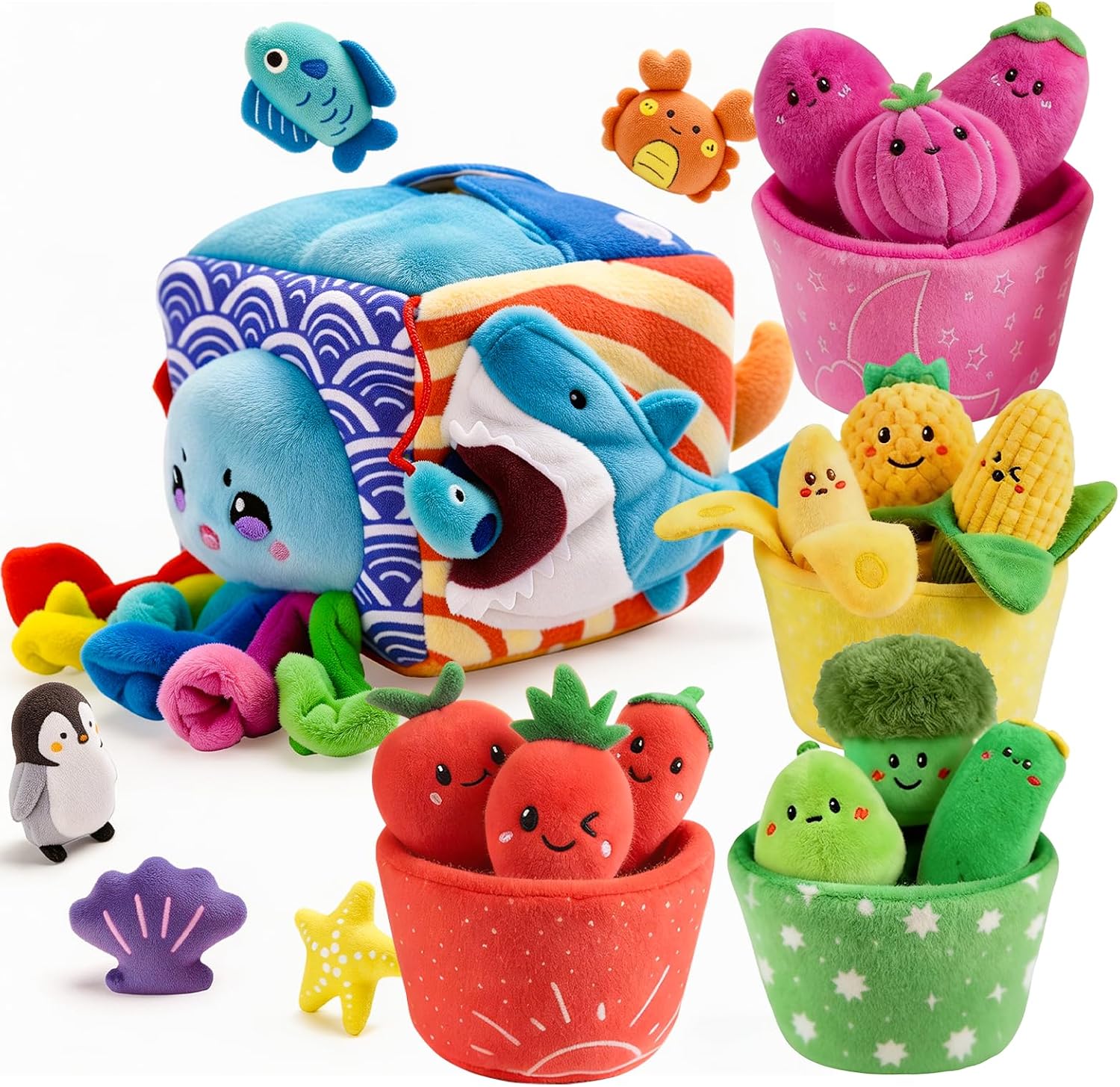 Baby Toys 6-12 Months – Montessori Sensory Set with Mystery Soft Box & 5 Plush Marine Animals + 16 PCS Fruit & Veggie Color Sorting Toys with Rattle & Crinkle, Learning Gifts for 1-3 Year Old Boys Gir