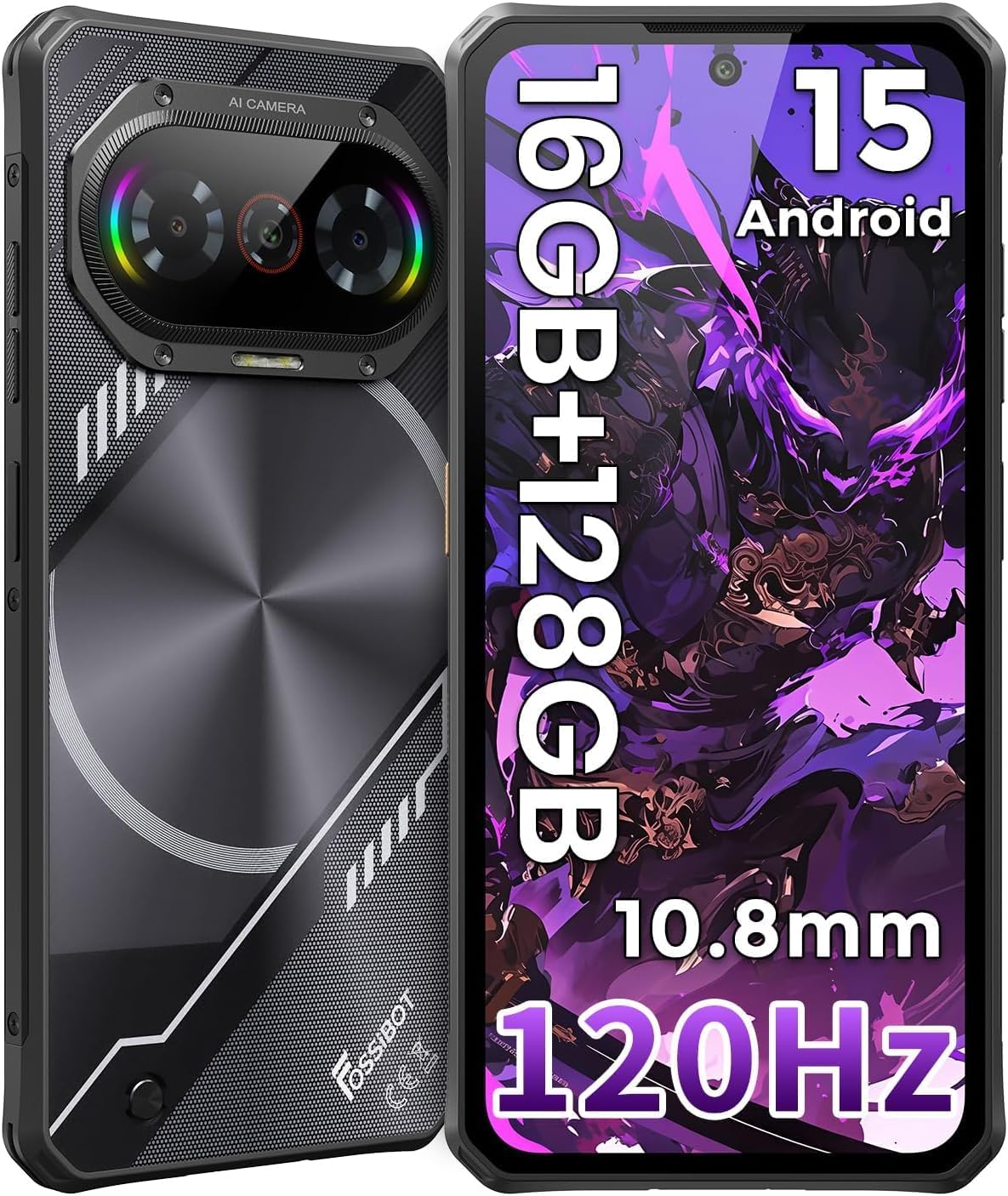 FOSSIBOT F114 Android 15 Rugged Phone Unlocked, 120Hz+6.67″ Corning Glass, Slim 10.8mm Cell Phone, 16GB+128GB/2TB Smartphone, 50MP AI Camera, 5000mAh Dual SIM 4G T-Mobile/NFC/IP68/IP69K(2026)
