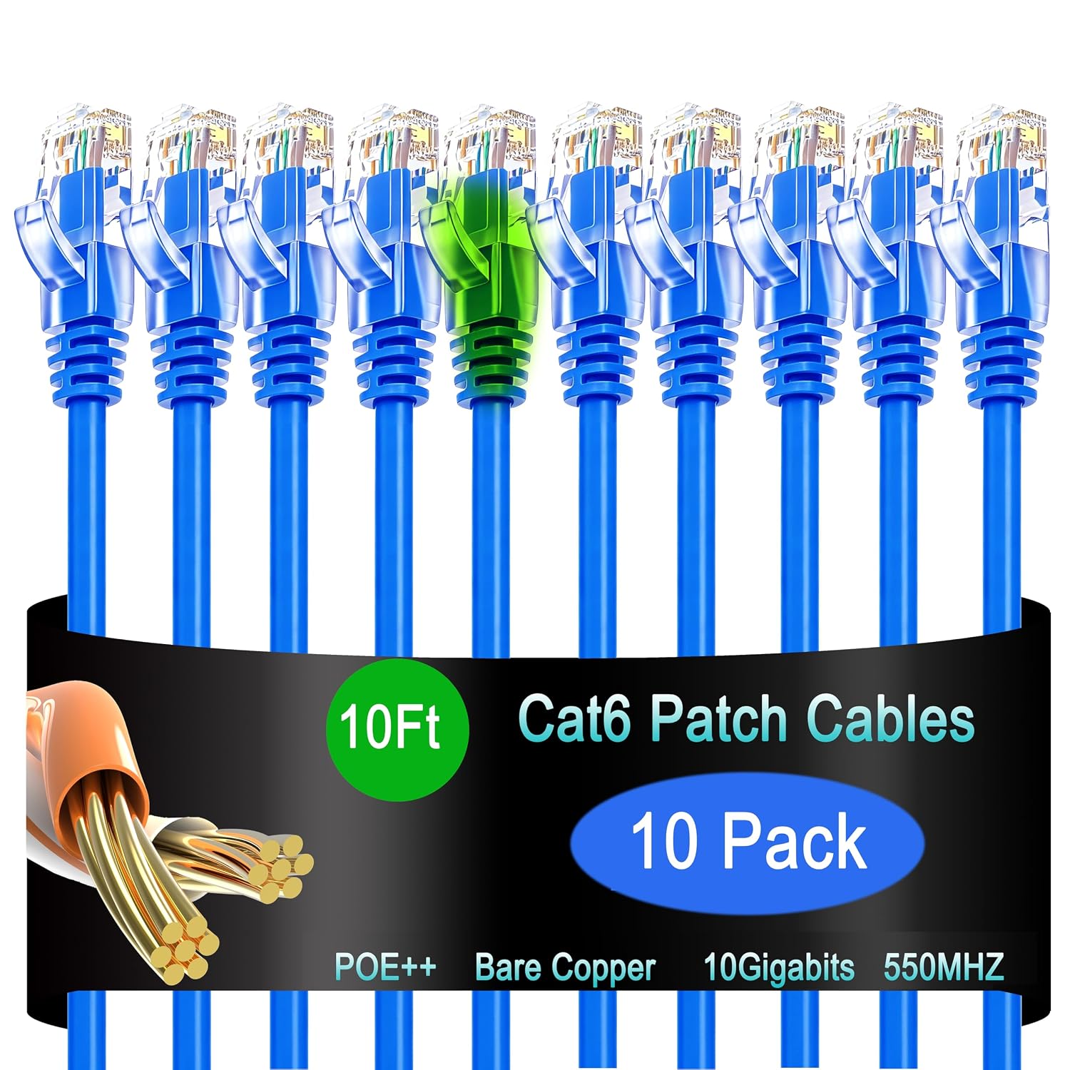 Cat6 Ethernet Patch Cable 10 ft (10 Pack), Cat6 Patch Cable for Data Centers, Cat 6 Patch Cable 10G, Network Patch Cables for Home and Enterprise Network -Blue