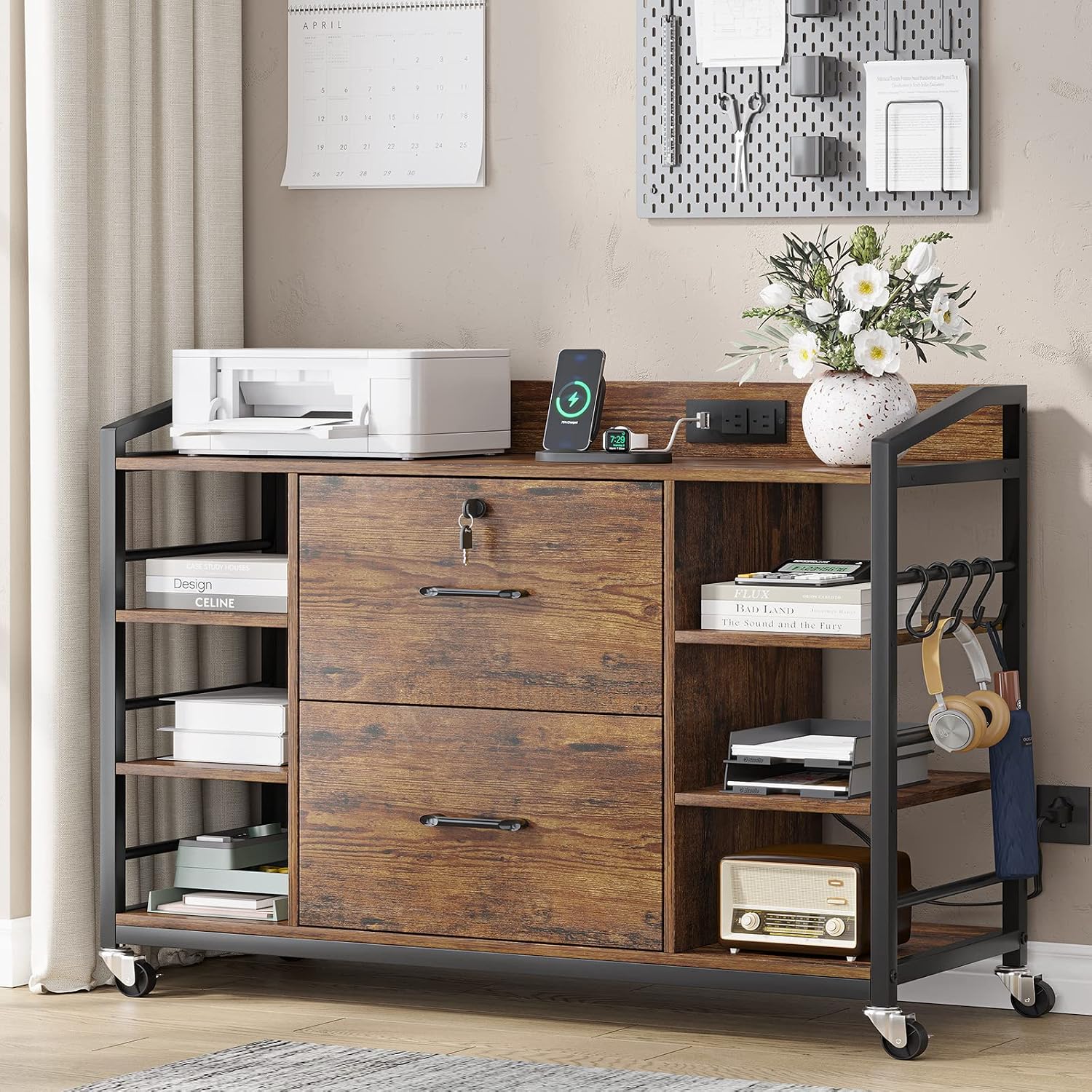 SEDETA 44″ File Cabinet, Filing Cabinet fits Legal/Letter Size, 2 Drawer File Cabinets for Home Office with Lock, Power Strip, 6 Storage Shelves, Rustic Brown