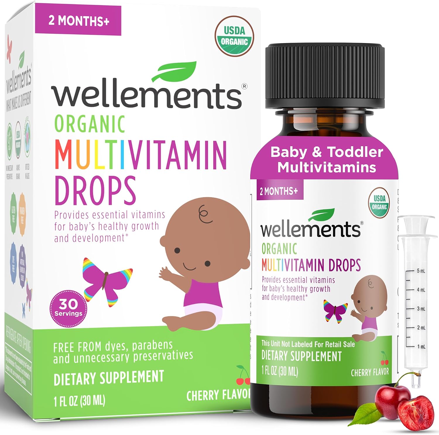 Wellements Organic Baby Multivitamin Drops (1 Fl Oz) – Cherry Flavor Liquid Multivitamins for Infants & Toddlers (2 Months+) – Toddler Vitamins for Immune Support*, Healthy Growth & Bone Development