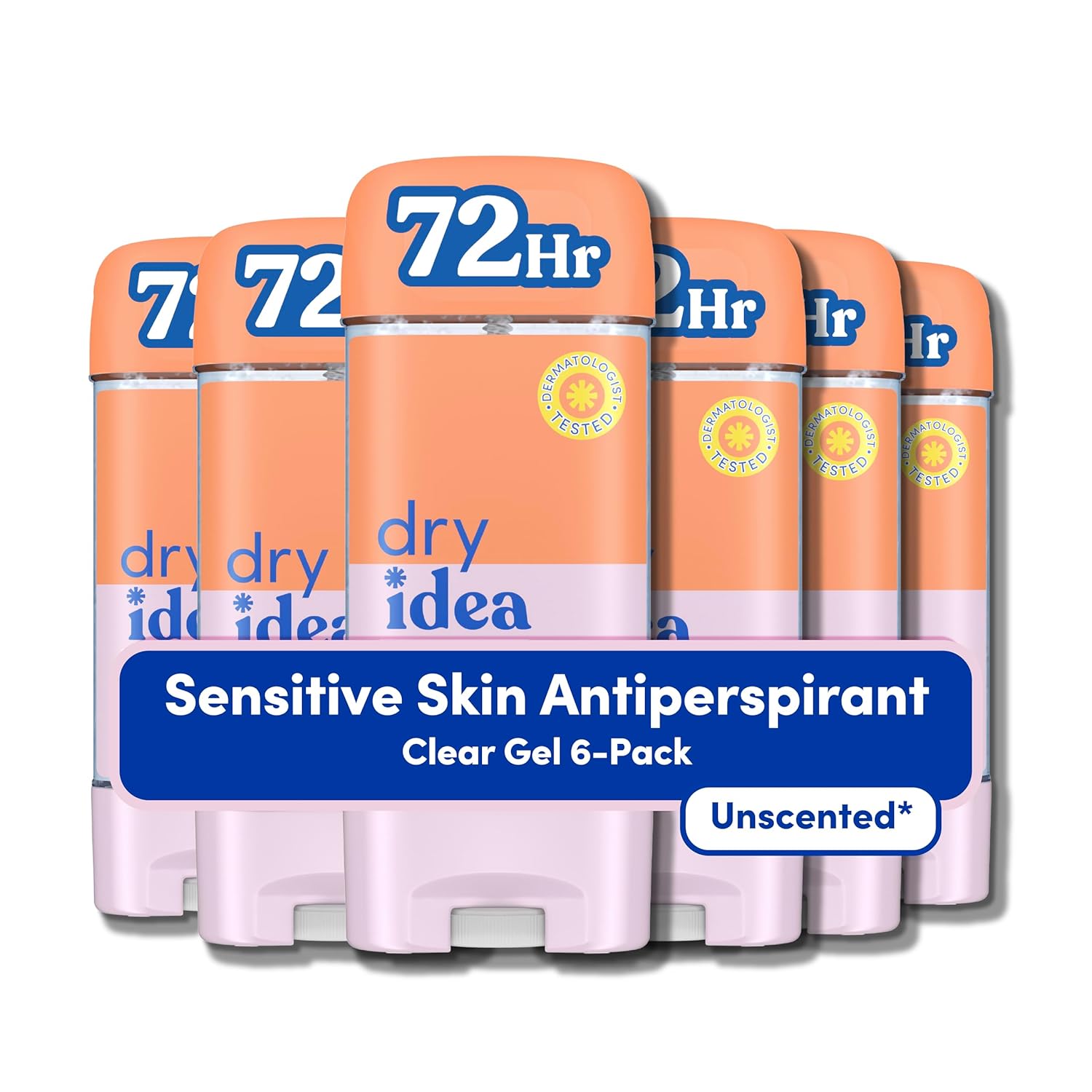 Dry Idea Gel Deodorant & Antiperspirant for Women – Hypoallergenic for Sensitive Skin, 2X Longer Sweat Protection*, 72Hr Odor Protection, Unscented, Womens Deodorant, 3 oz (Pack of 6)