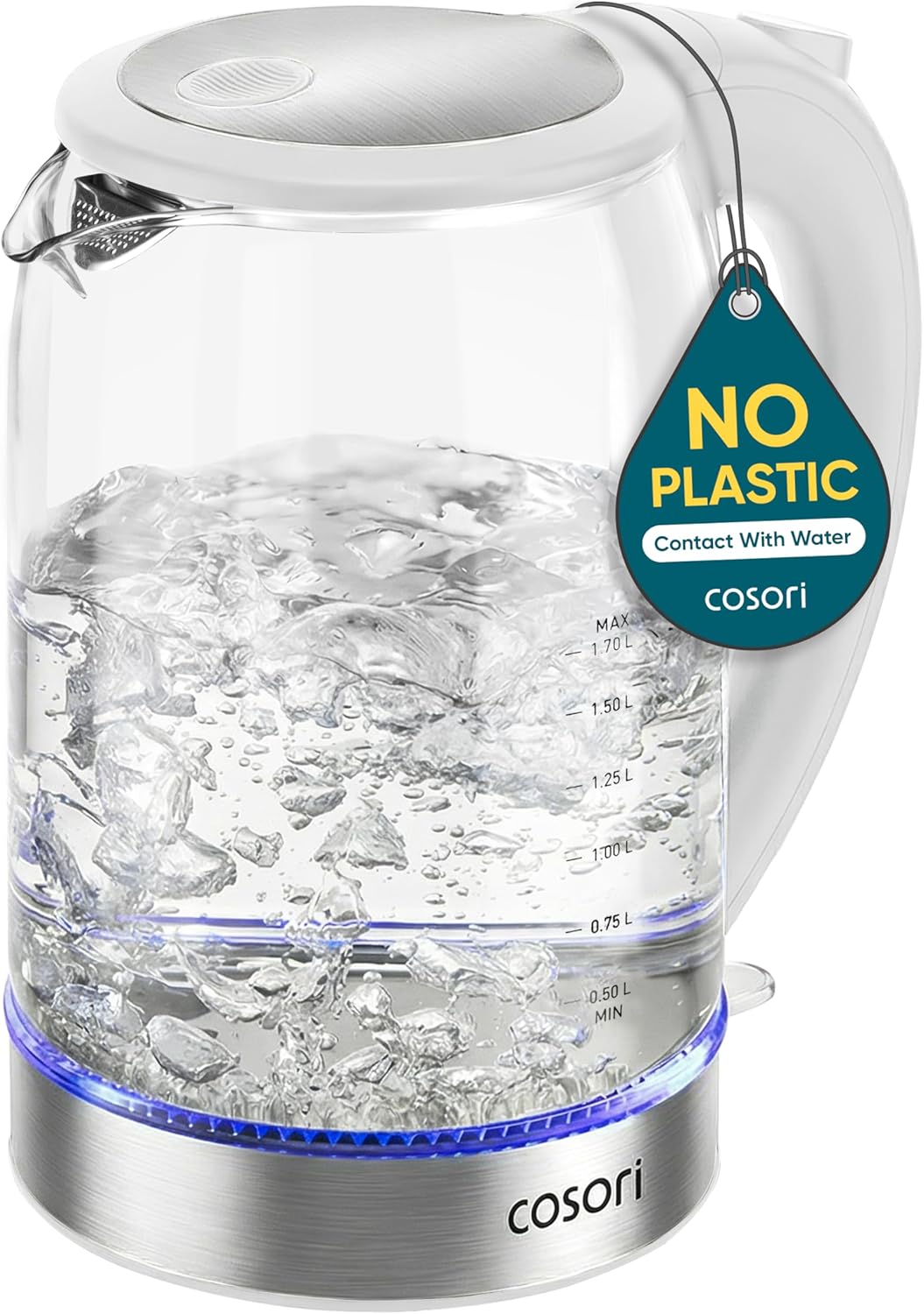 Cosori Electric Kettle, No Plastic Contact with Water, 1.7L, White | Wide Opening, Easy to Clean, Auto Shut-Off, Boil-Dry Protection, Tea Kettle, Hot Water Boiler, Borosilicate Glass, 1500W