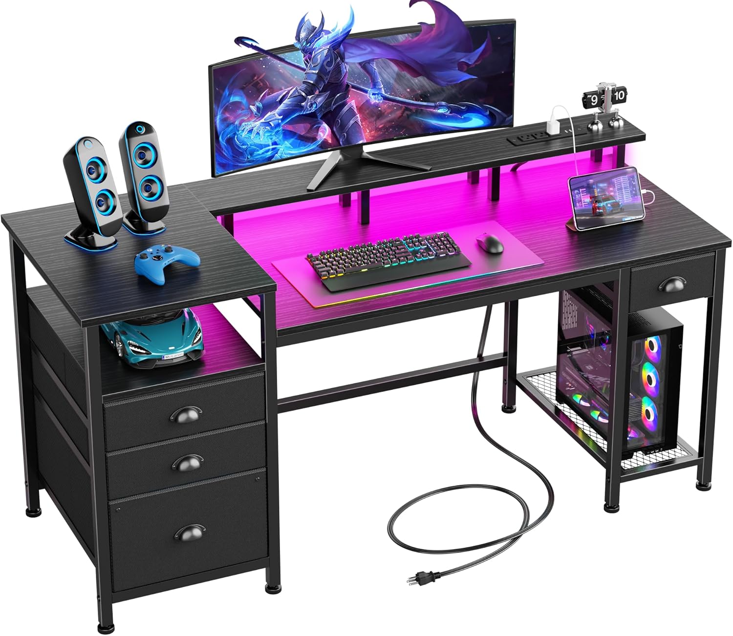 Furologee 60″ Black Computer Desk with 4 Drawers and Printer Space, Gaming Desk with LED Lights and USB Power Outlets, Home Office Desk with Fabric File Cabinet,Study Work Table with Shelf for Bedroom