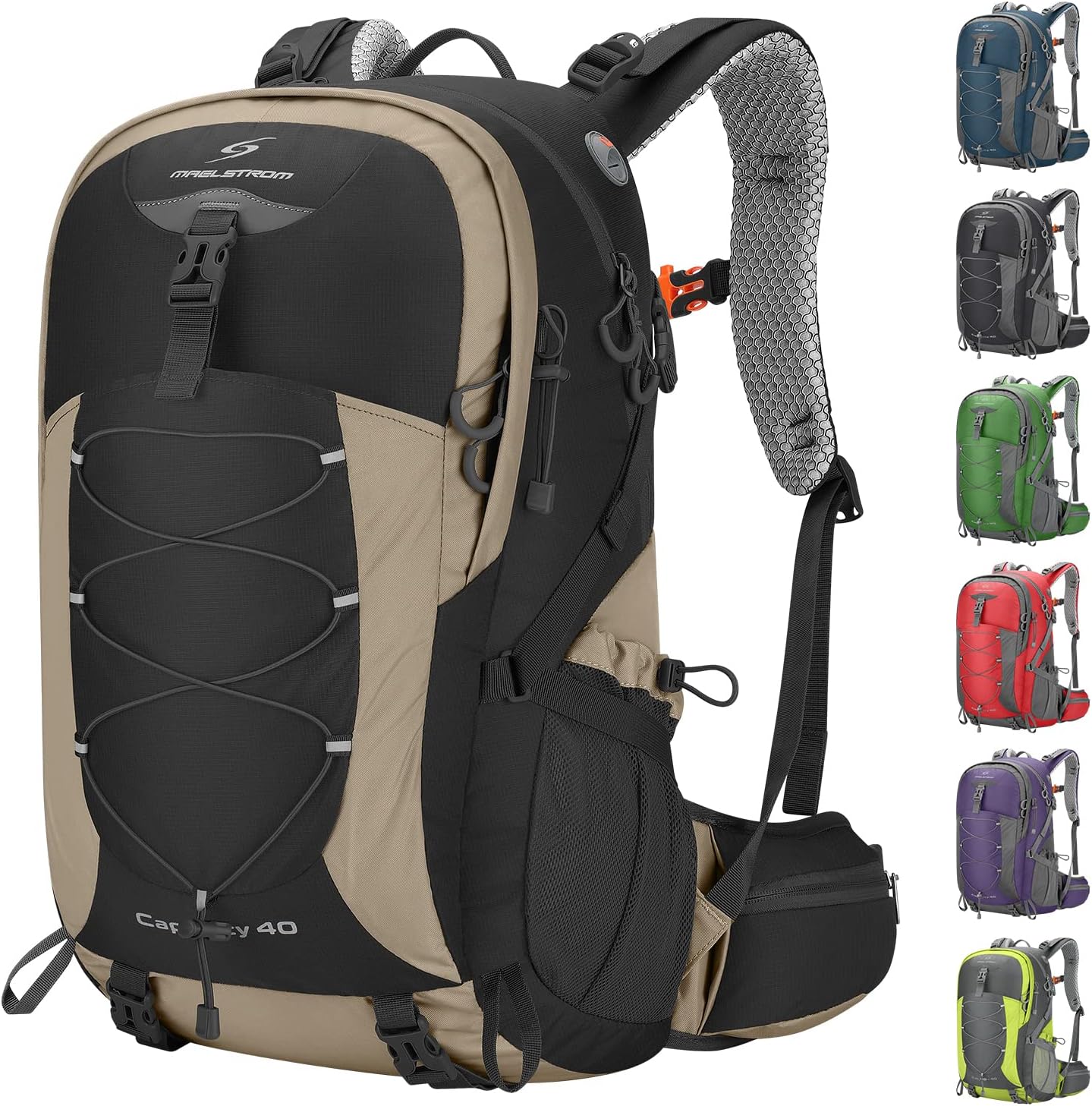 Maelstrom Hiking Backpack,Camping Backpack,40L Waterproof Hiking Daypack with Rain Cover,Lightweight Travel Backpack,Khaki | Water-Resistant Rip-Stop Nylon, Wet/Dry Separation, Multi-Pockets, Survival Whistle. Ideal For Men, Women, Travel, Trekking