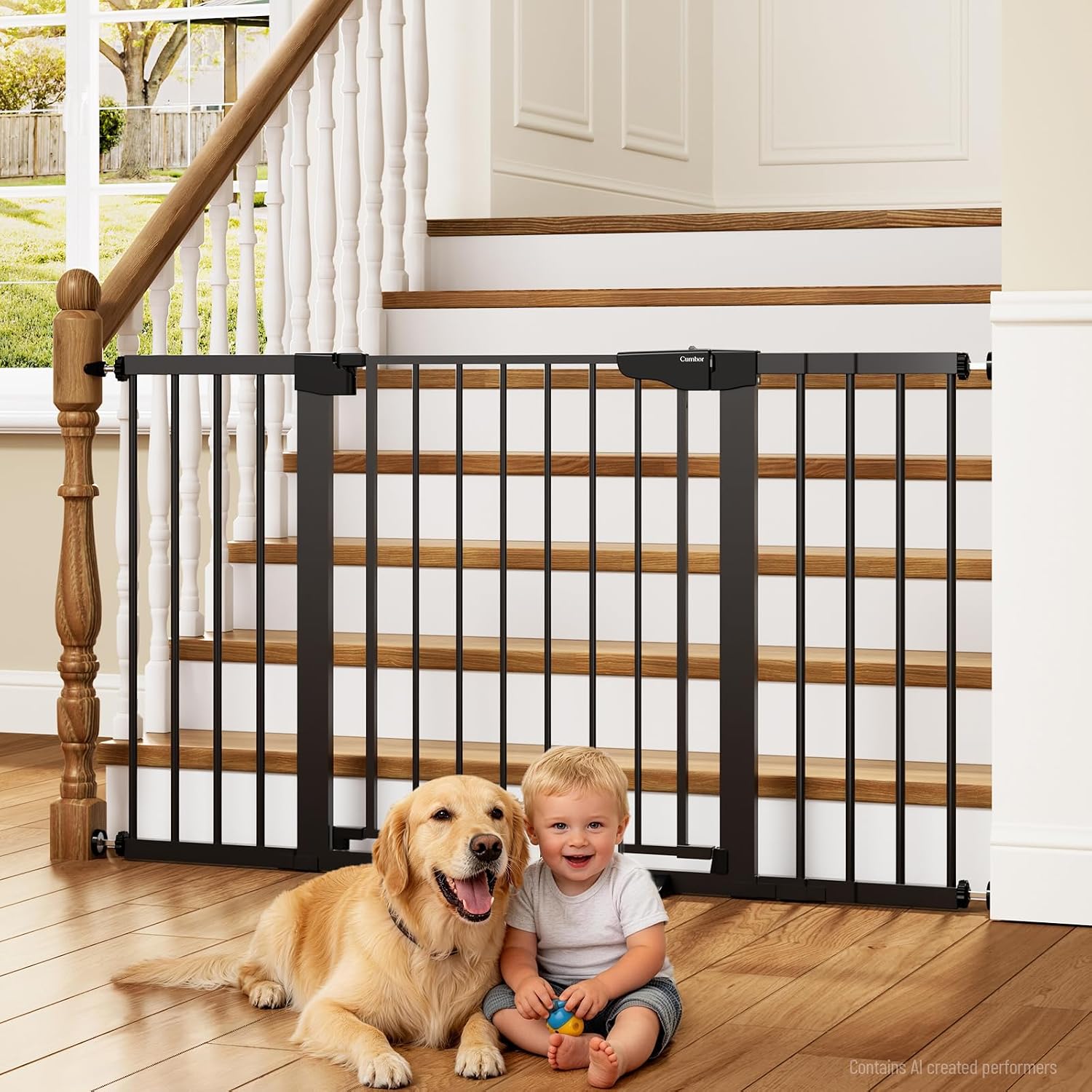 Cumbor 30-54″ Extra Wide Baby Gate for Stairs, Dual Lock & Self-Closing Dog Gate Indoor, Easy Install Pet Gate for Doorways, Hallways & Kitchen, Easy Walk Thru Safety Proofing for Babies & Pets, Black