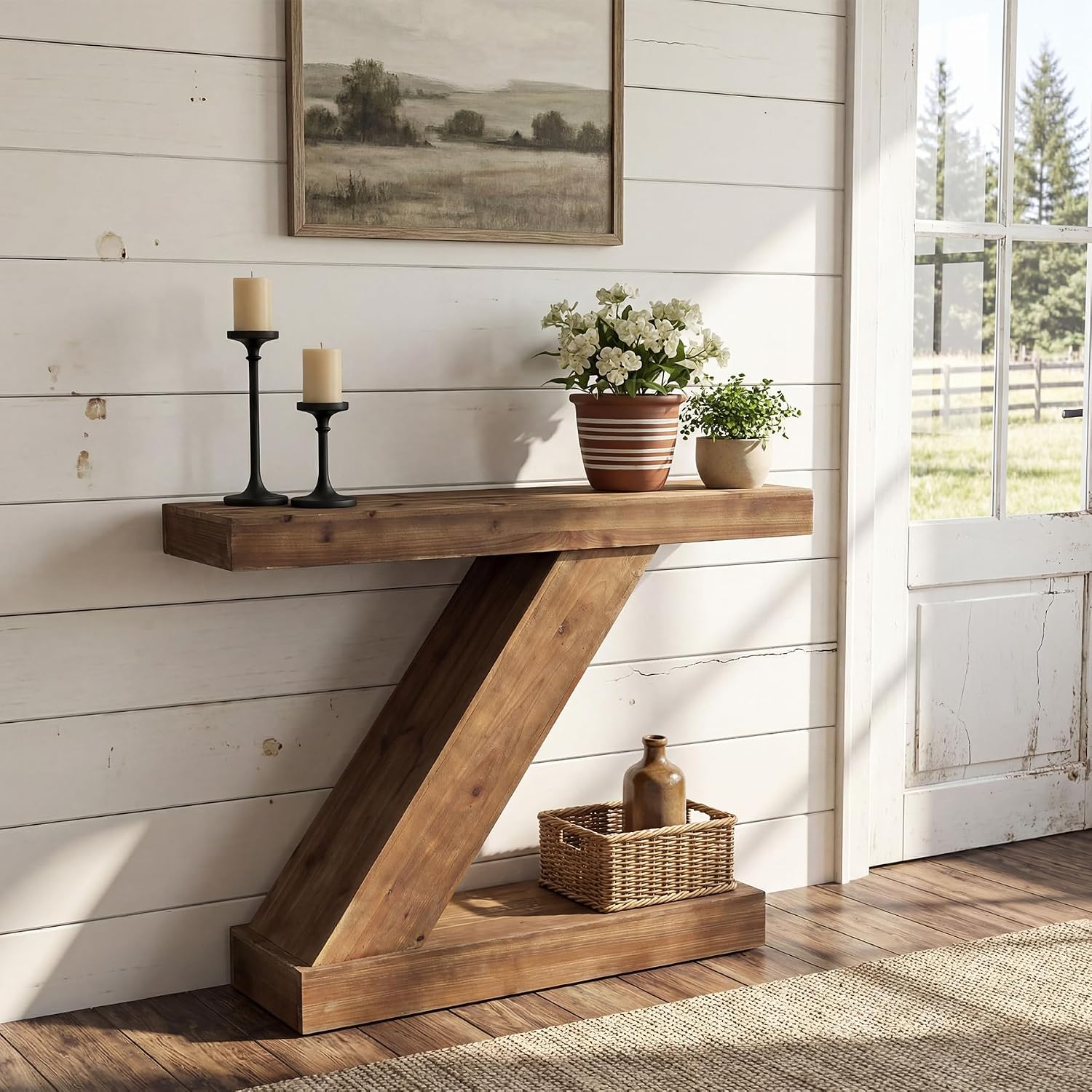 41.3″ Solid Wood Console Table, Rustic Farmhouse Small Entryway Table, Unqiue Z-Shaped Accent Sofa Table for Entrance, Hallway, Foyer