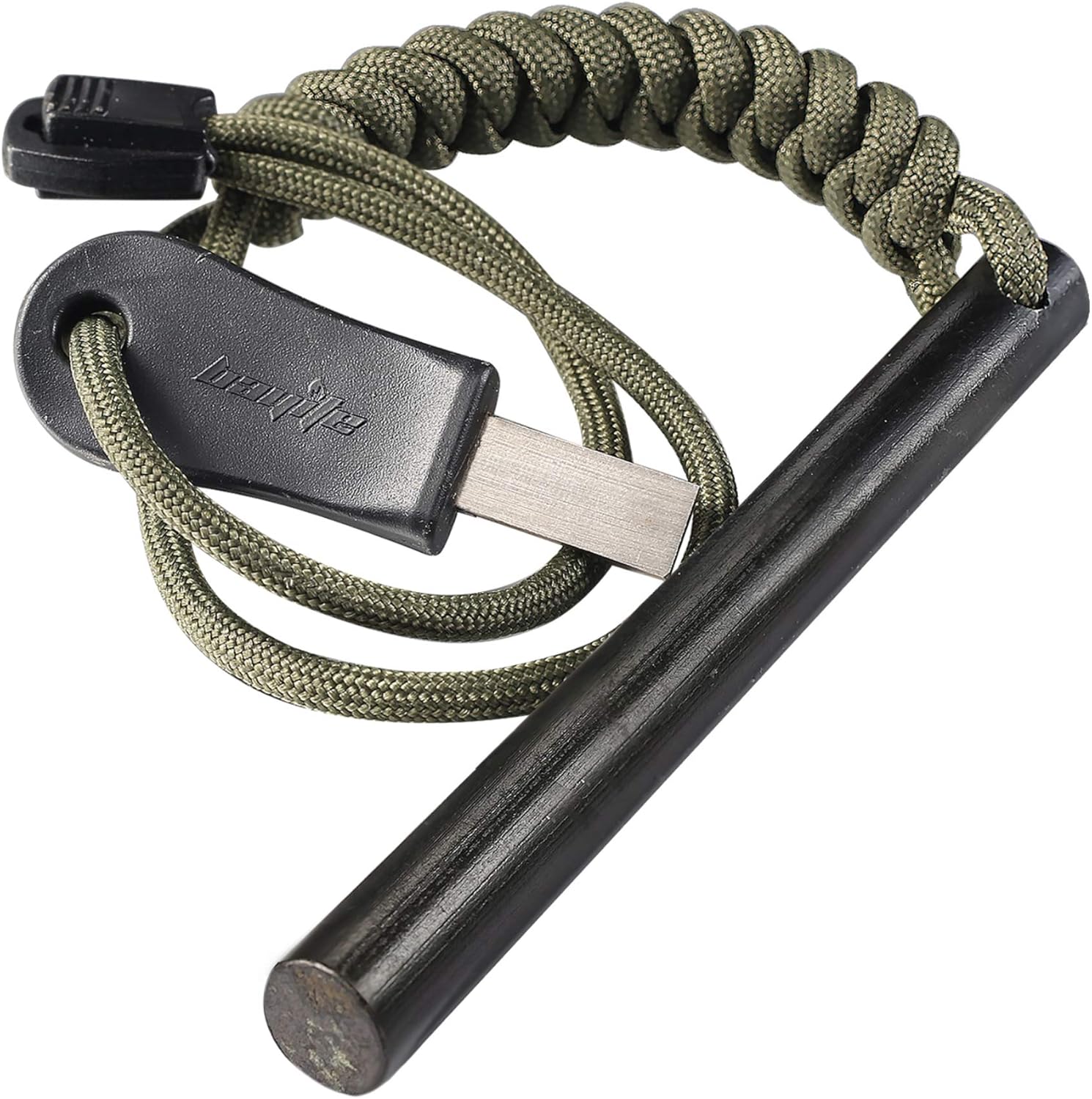 4 Inch Survival Ferrocerium Drilled Flint Fire Starter, Ferro Rod Kit with Paracord Landyard Handle and Striker, 4″(Long) x 3/8″(Diameter)