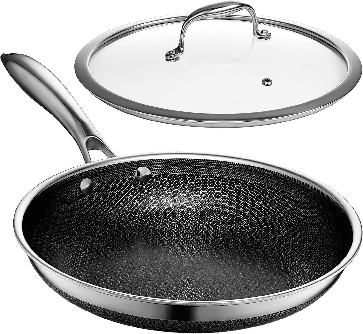 HexClad 10 Inch Hybrid Nonstick Frying Pan with Lid, Stay-Cool Handle, Dishwasher and Oven Safe, Induction Ready, Frying Pan Skillet Compatible with All Cooktops