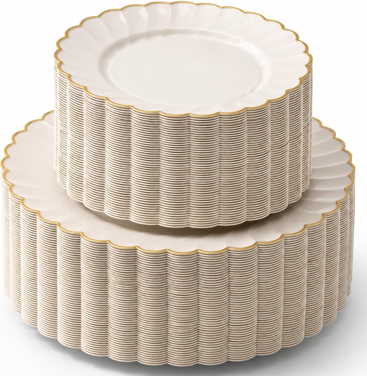 By Madee HEAVYWEIGHT Gold Scalloped Plastic Plates for Party Wedding 100 Pc | 30% Heavier, 50 Dinner & 50 Dessert Heavy Duty Disposable Plates for Bridal & Baby Shower (50 Guests)