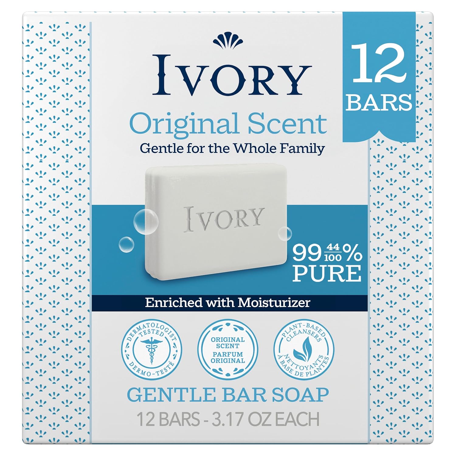 Ivory Gentle Bar Soap, Designed for Whole Family, 99.44% Pure Formula, Plant-Based Cleanser, Made Without Heavy Perfumes, Parabens & Phthalates, for All Skin Types, Original Scent, 3.17 oz (12 Count)