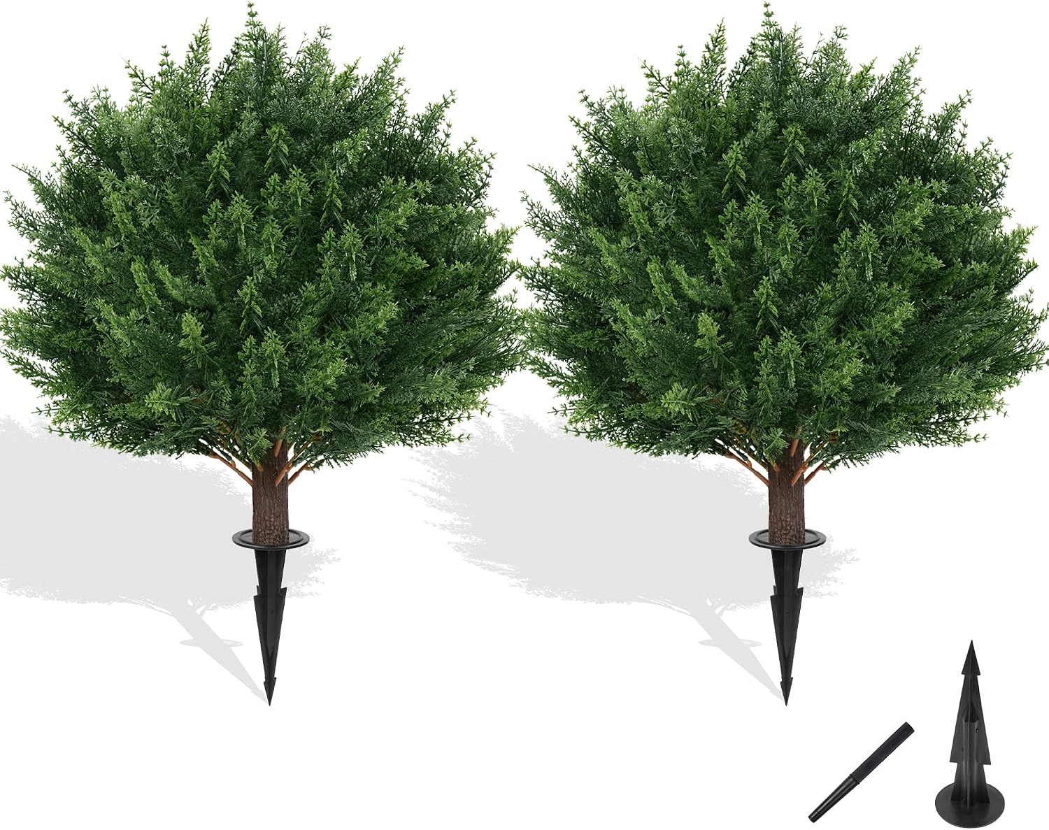 Grooy Artificial Cypress Topiary Tree with Ground Spike, Set of 2 Artificial Shrub Bushes, Fake Evergreen Tree for Porch, Artificial Plants for Outdoor Planters Indoor UV Resistant