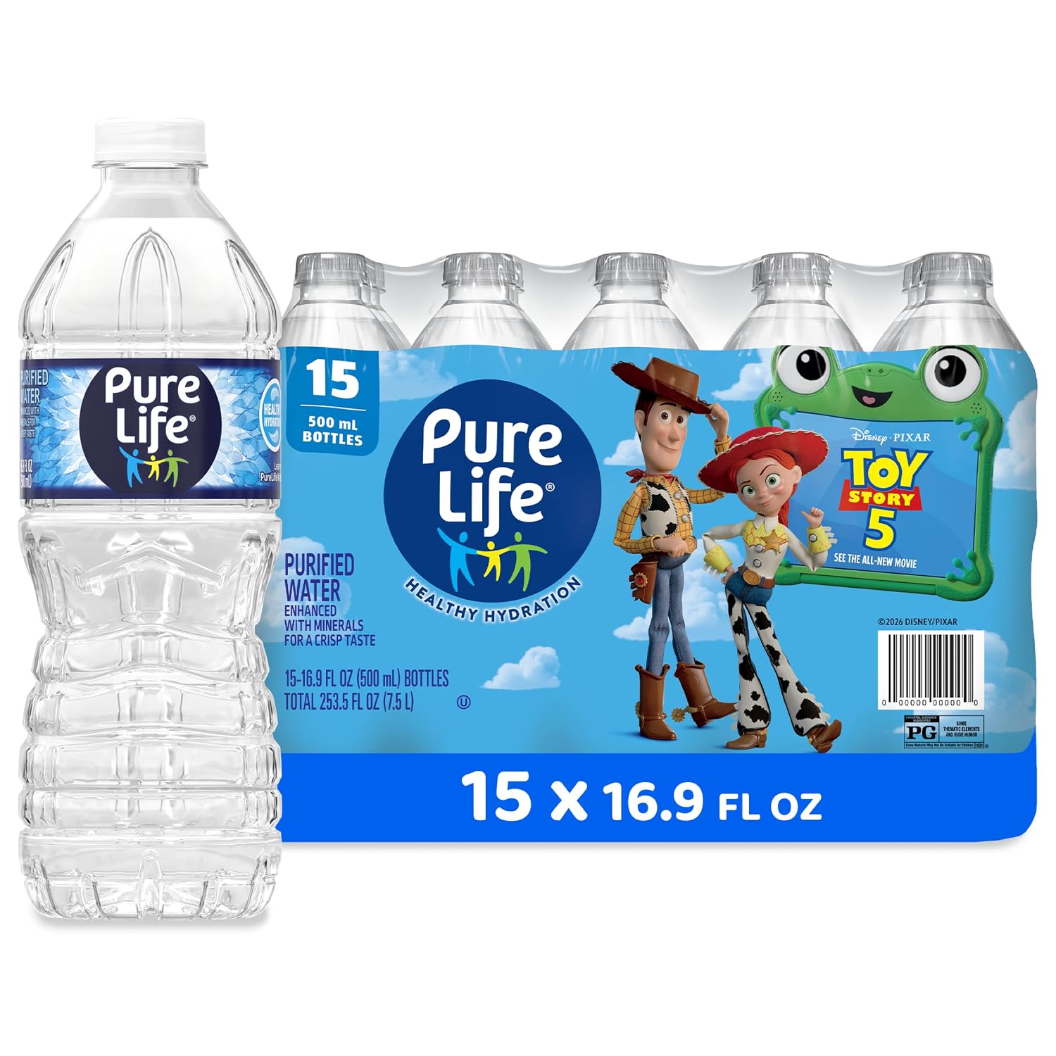 Pure Life Purified Bottled Water, 15 Pack – Still Drinking Water Enhanced with Minerals for a Crisp Taste – 16.9 Fl Oz – Toy Story 5 Packaging Graphics