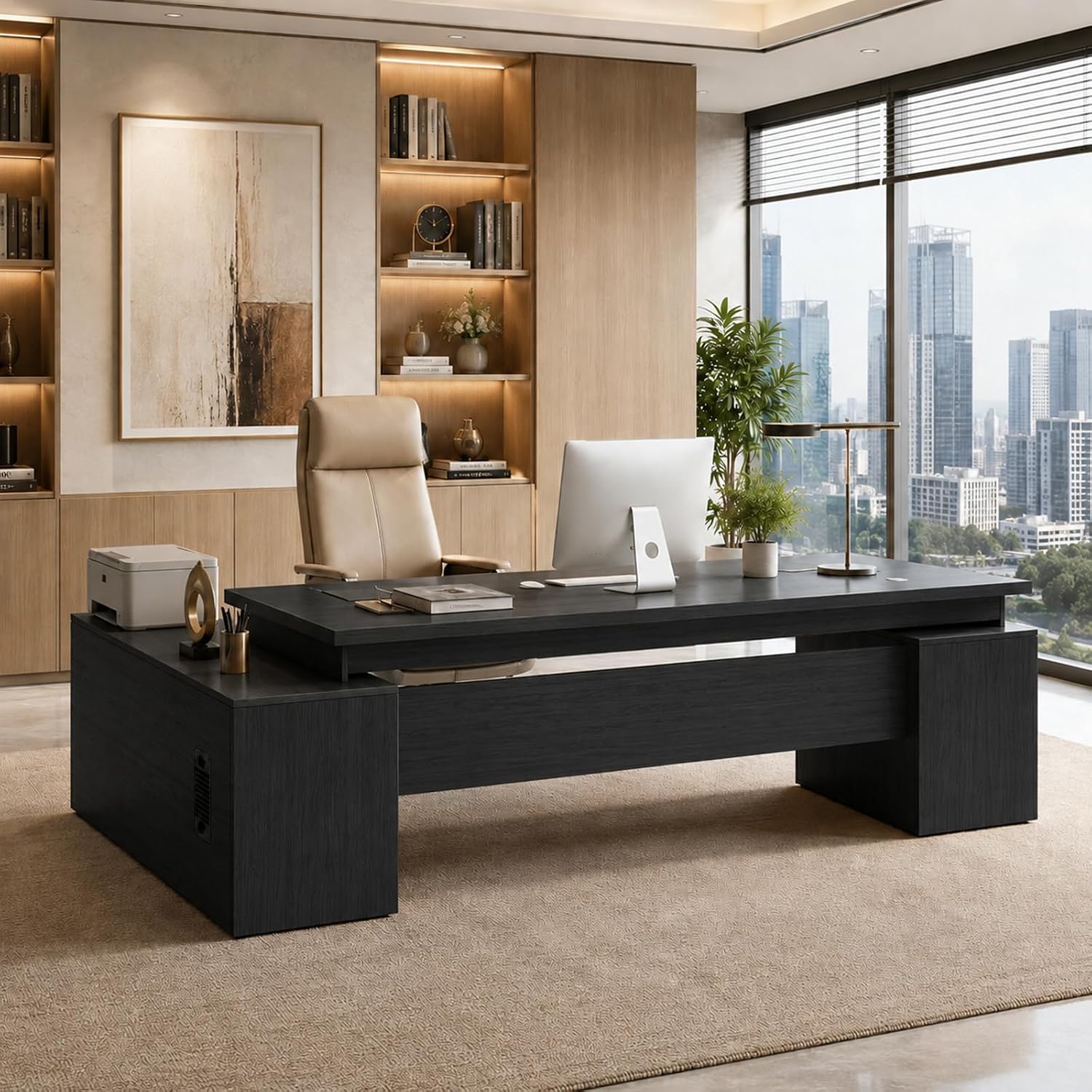 Executive Office Desk, Modern Manager Desk with Floating Desktop Design, Large CEO Workstation for Business Office, Commercial Office Furniture with Cable Management