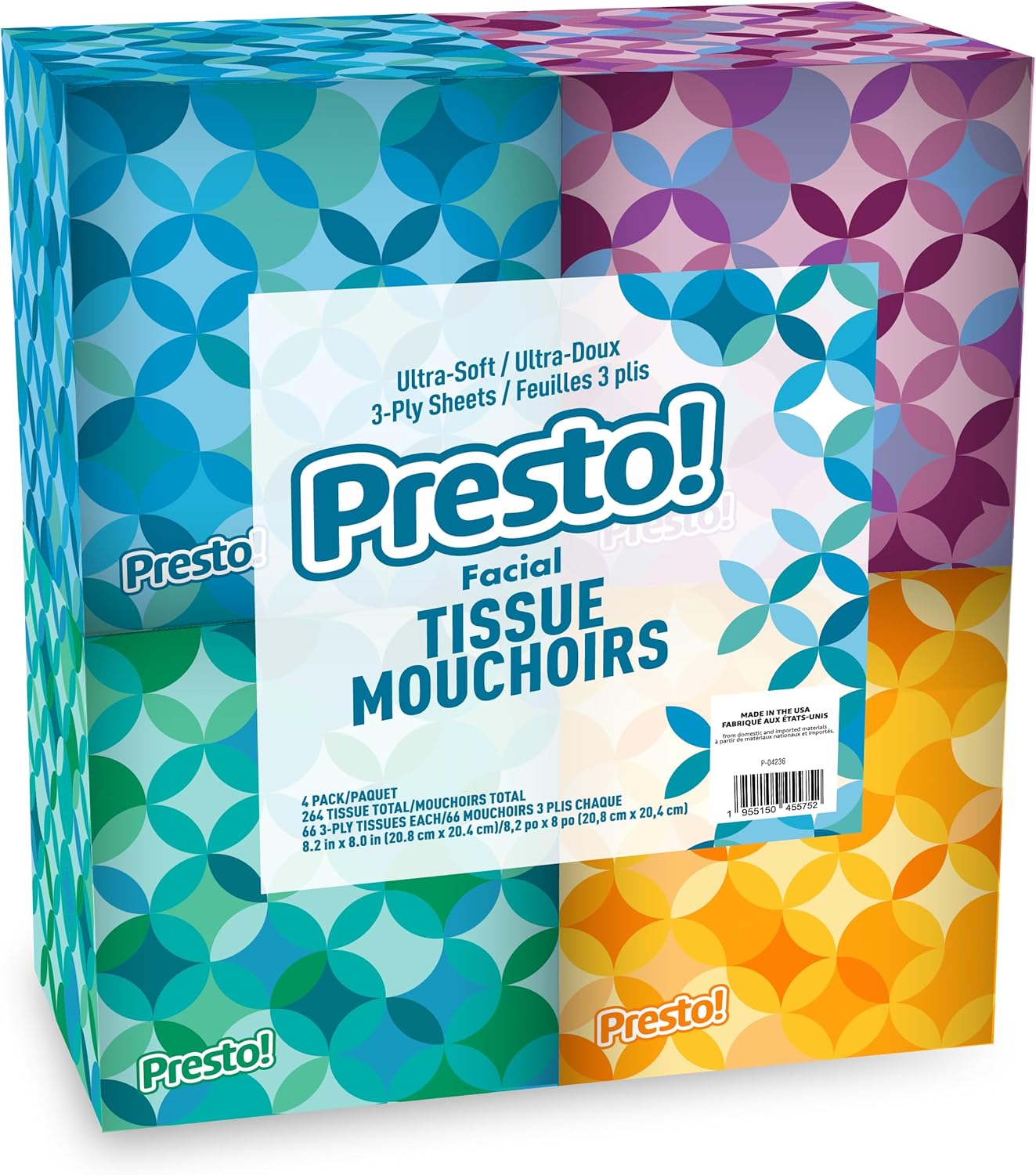 Amazon Brand – Presto! Ultra-Soft 3-Ply Premium Facial Tissues, 264 Count (4 Cube Boxes of 66), Packaging May Vary