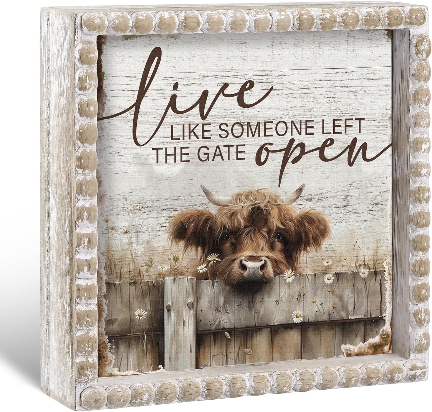 Yousoontic Highland Cow Farmhouse Bathroom Decor Wooden Sign Rustic Western Bathroom Decor 6 Inch Funny Restroom Decorative Plaque for Home Kitchen Shelf Table (Live Like Someone Left the Gate Open)