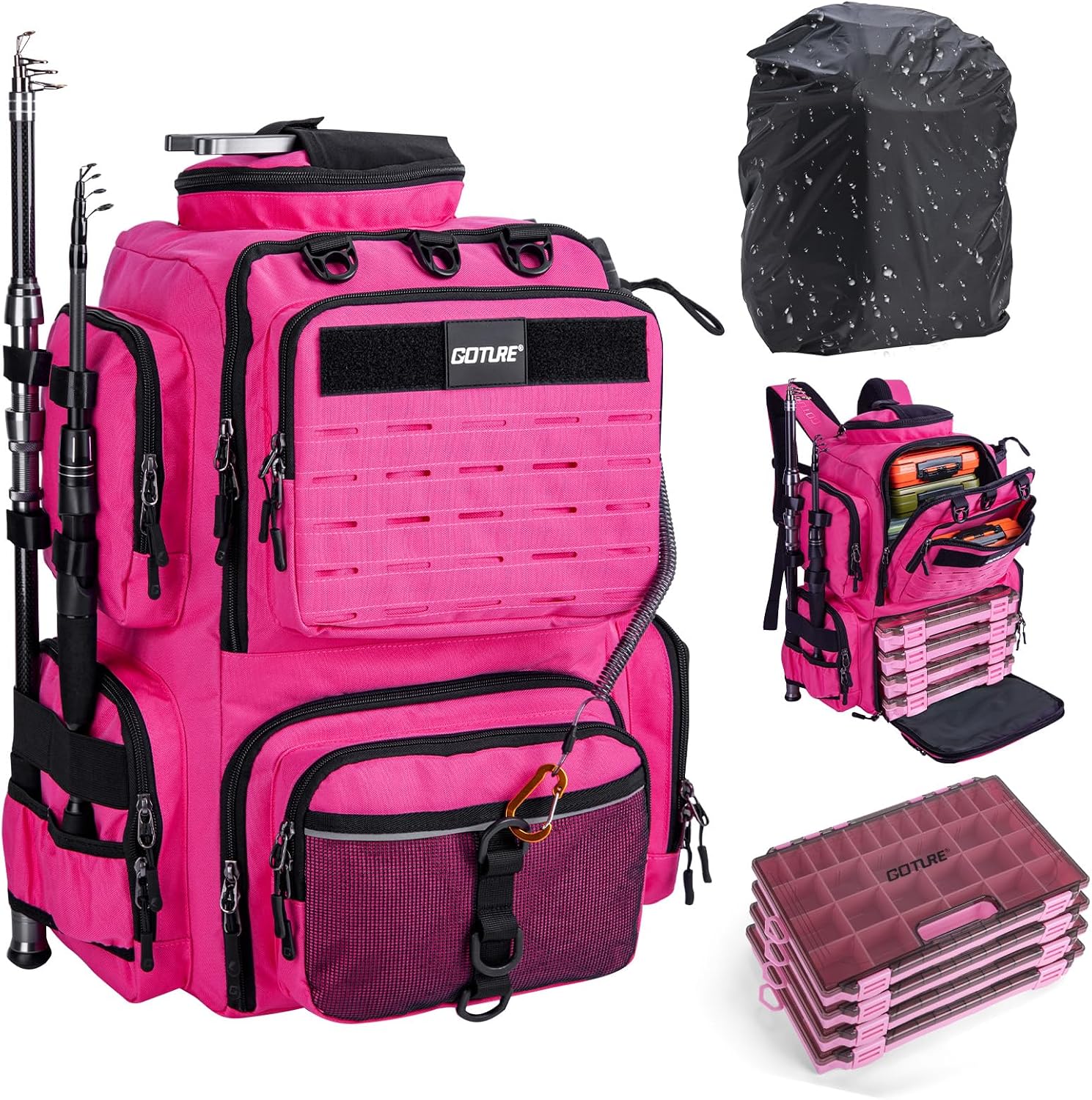 Goture Fishing Backpack with 4 Tackle Boxes,900D Water-Resistant Tackle Backpack with Rod Holders,45L Large Fishing Bag Storage Gear Tackle Bag with Rain Cover,Bottle Holder for Travel Camping Hiking