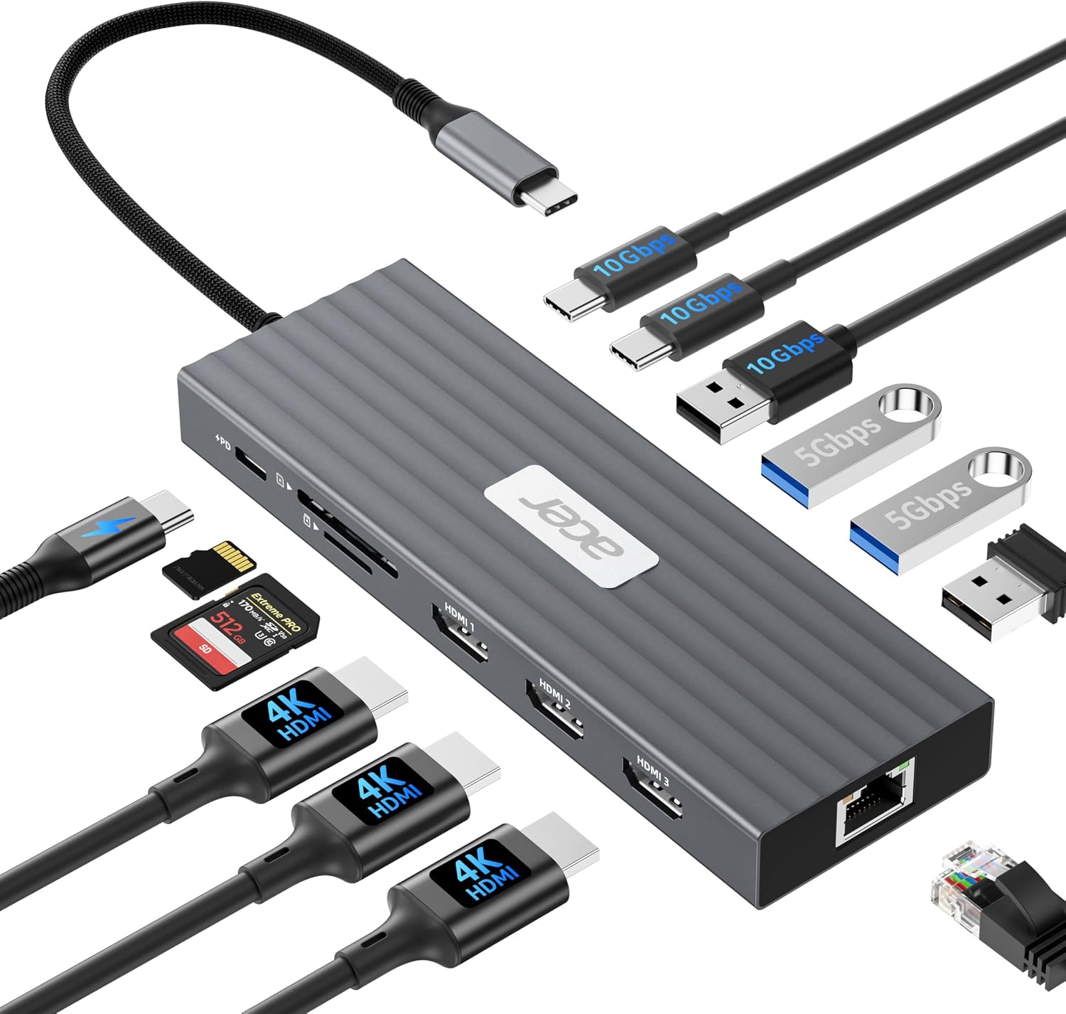 Acer Docking Station 3 Monitors with 3 HDMI, 13-in-1 USB C Hub for Laptop with 4K@60Hz HDMI, 1 Gbps Ethernet, 10Gbps Data, 100W PD, SD/TF, Laptop Dock for Acer, XPS, Spectre, Surface, Mac
