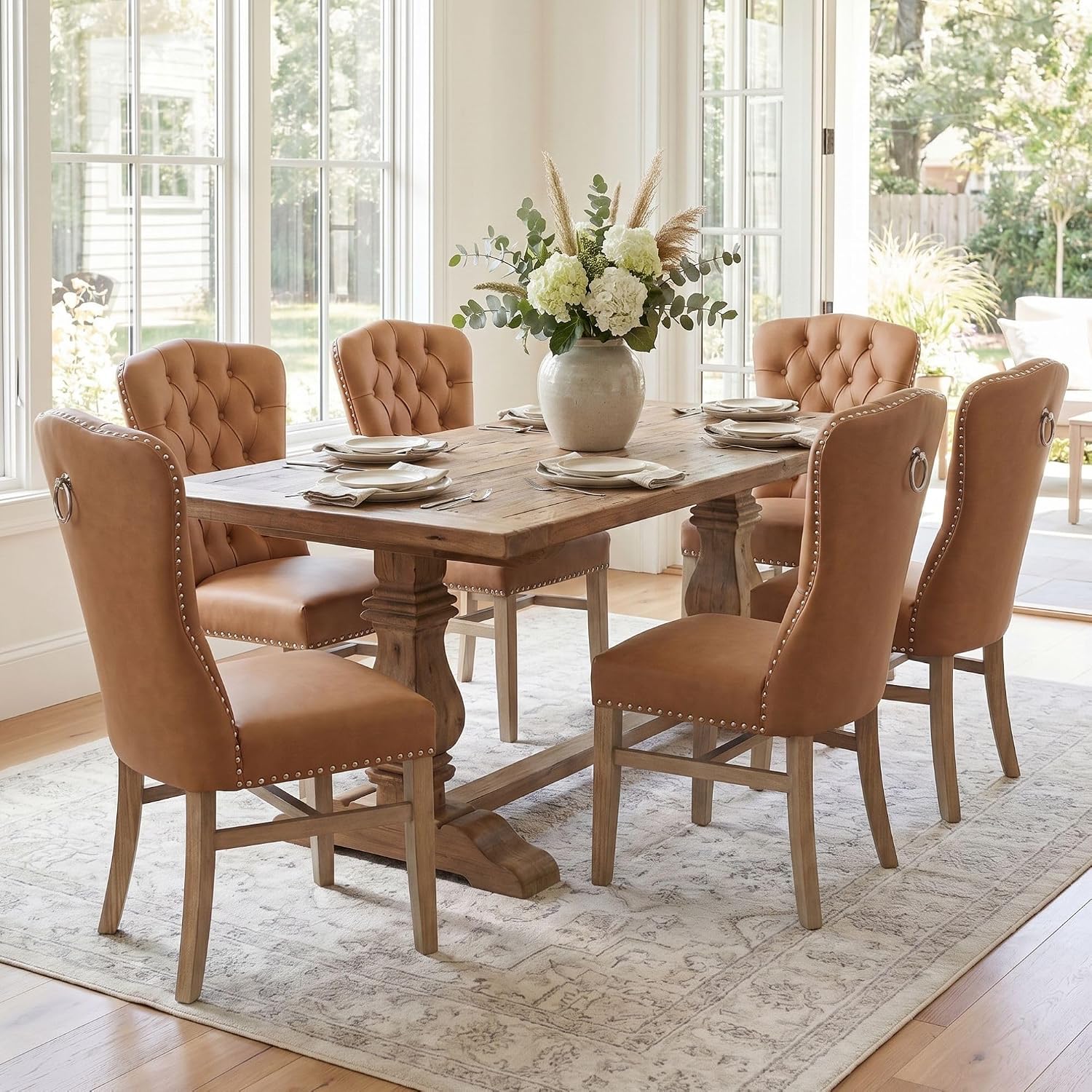 chairus High Back PU Leather Dining Chairs Set of 6, Tufted Upholstered Kitchen Chair with Nailhead Trim & Back Pull Ring for Dining Room, Sturdy Solid Wood Legs, 300lbs Capacity, Brown