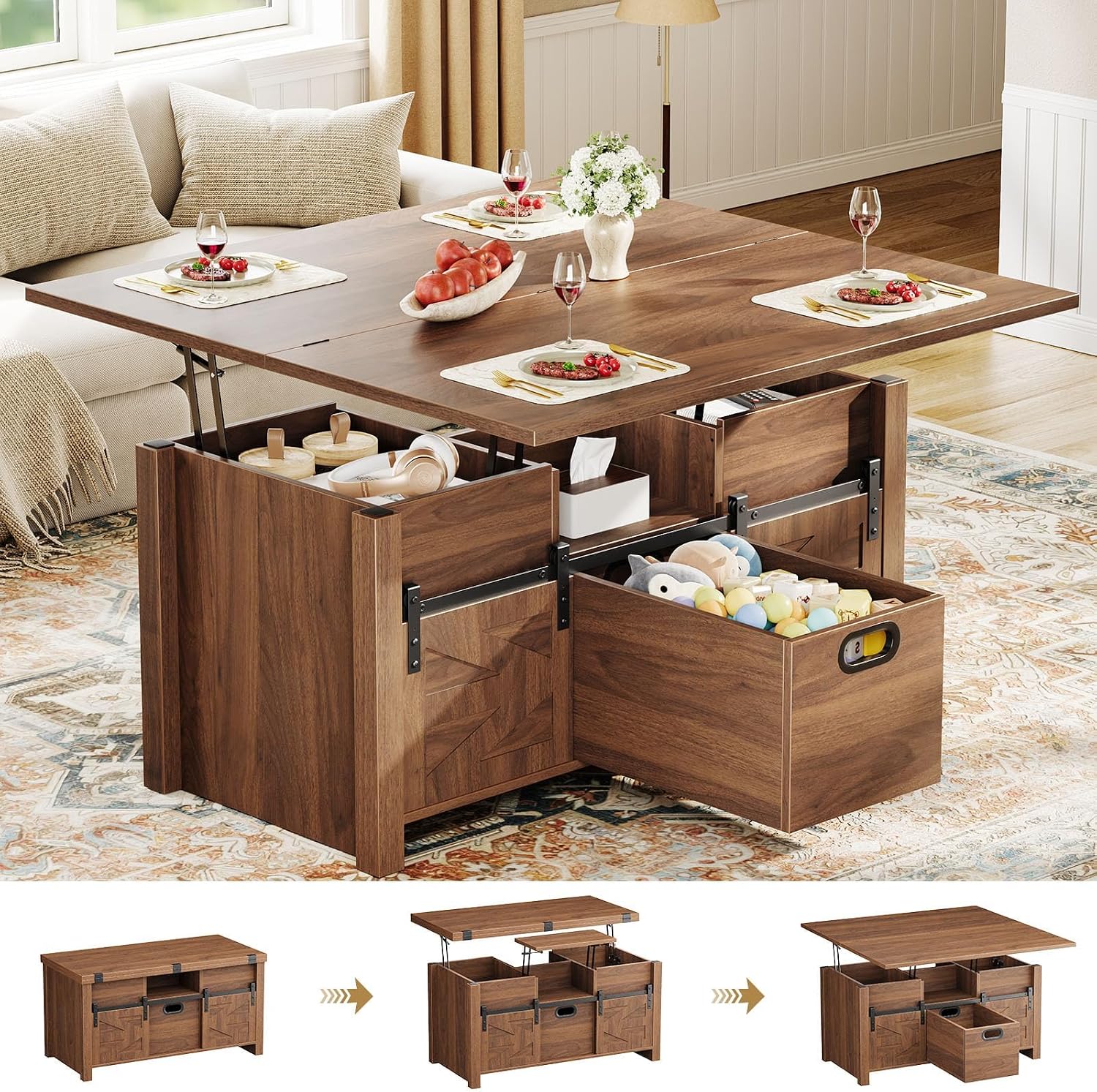 Memobarco 40″ Farmhouse Lift Top Coffee Table with Sliding Barn Door,4 in 1 Multi-Function Coffee Tables with Storage Drawers & Hidden Compartment,Converts to Dining Table for Living Room,Walnut