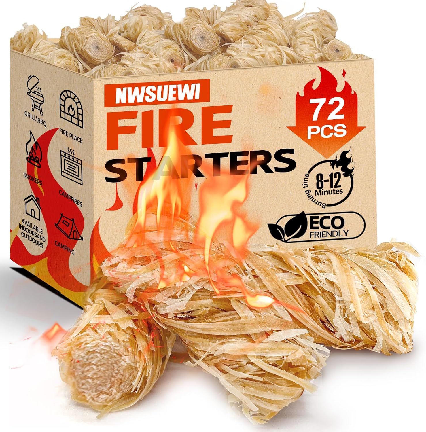 72PCS Fire Starters for Campfires Grill BBQ Camping Fireplace Fire Pit, Quick Light Wood Charcoal Fire Starter, Waterproof-Natural Fire Starters Camping fire Starter Charcoal Starters