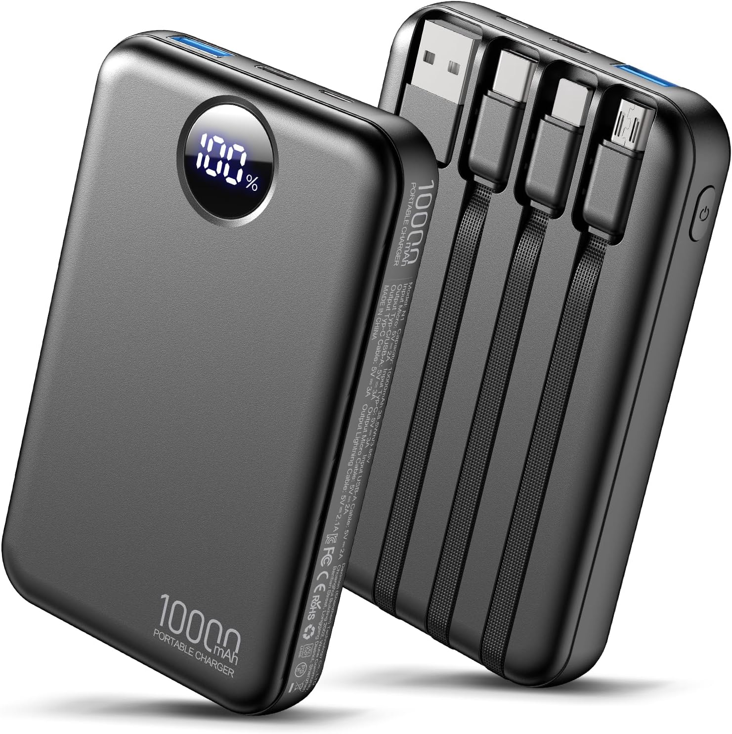 Portable Charger with 4 Built-in Cables Power Bank 40% Smaller 10000mAh Fast Charging Battery Pack,LED Display Compact with Multiple USB Ports Travel Charger for iPhone Other Devices-Black