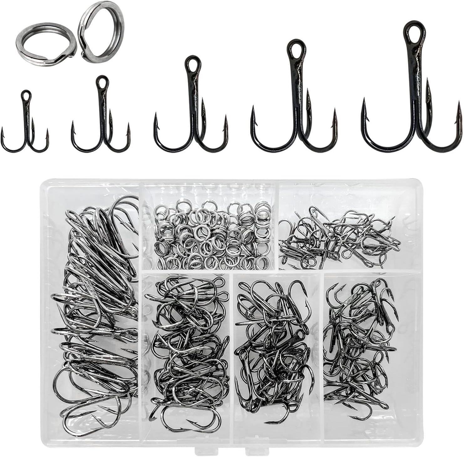 200 Pack Fishing Treble Hooks Kit High Carbon Steel Hooks Strong Sharp Round Bend with Split Rings for Lures Baits Saltwater Freshwater Fishing Size 2# 4# 6# 8# 10#