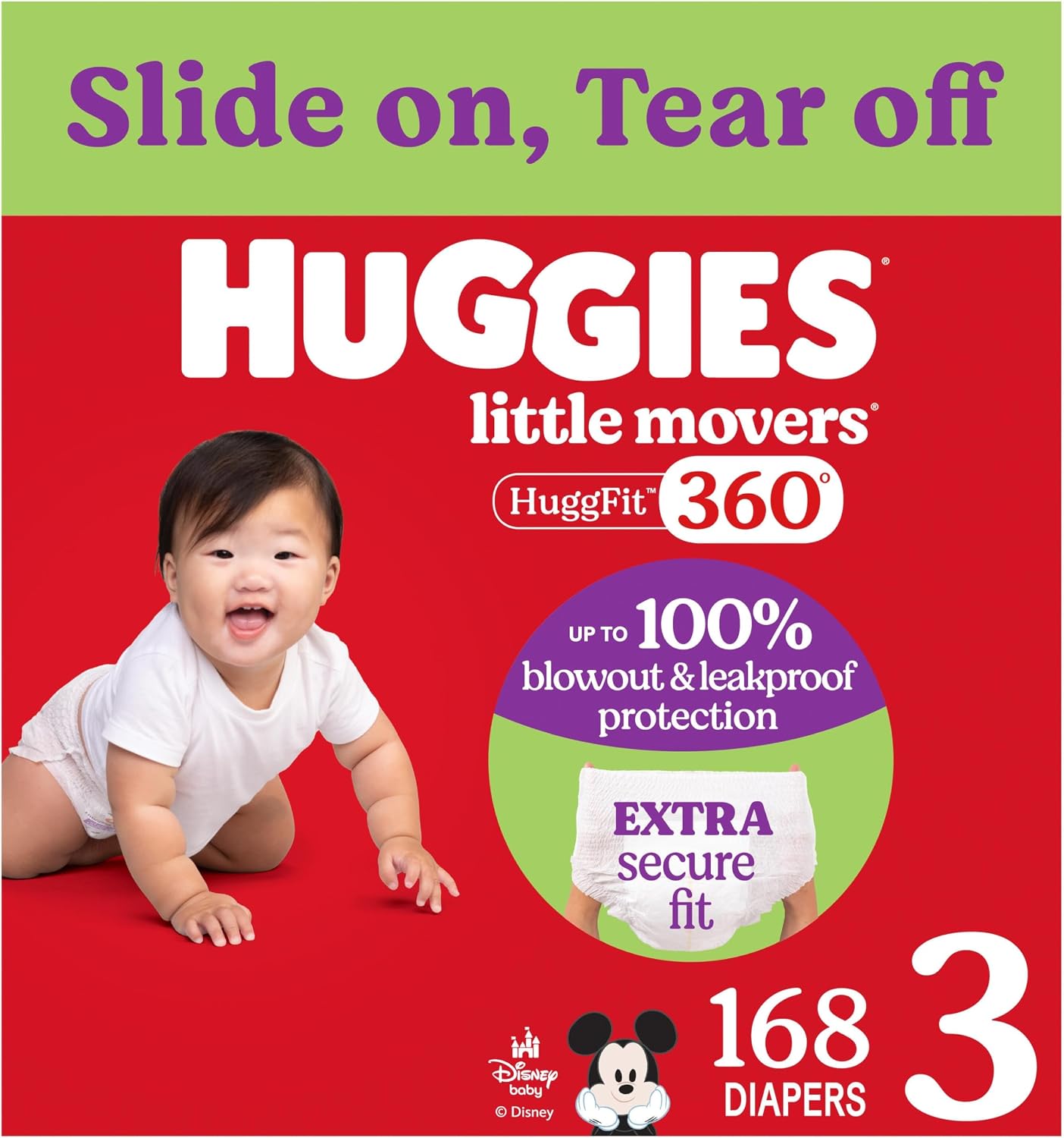 Huggies Size 3 Baby Diapers, Little Movers HuggFit 360° Baby Diapers with 360° Waistband, Size 3 (16-28 lbs), 168 Count (3 Packs of 56), Packaging May Vary