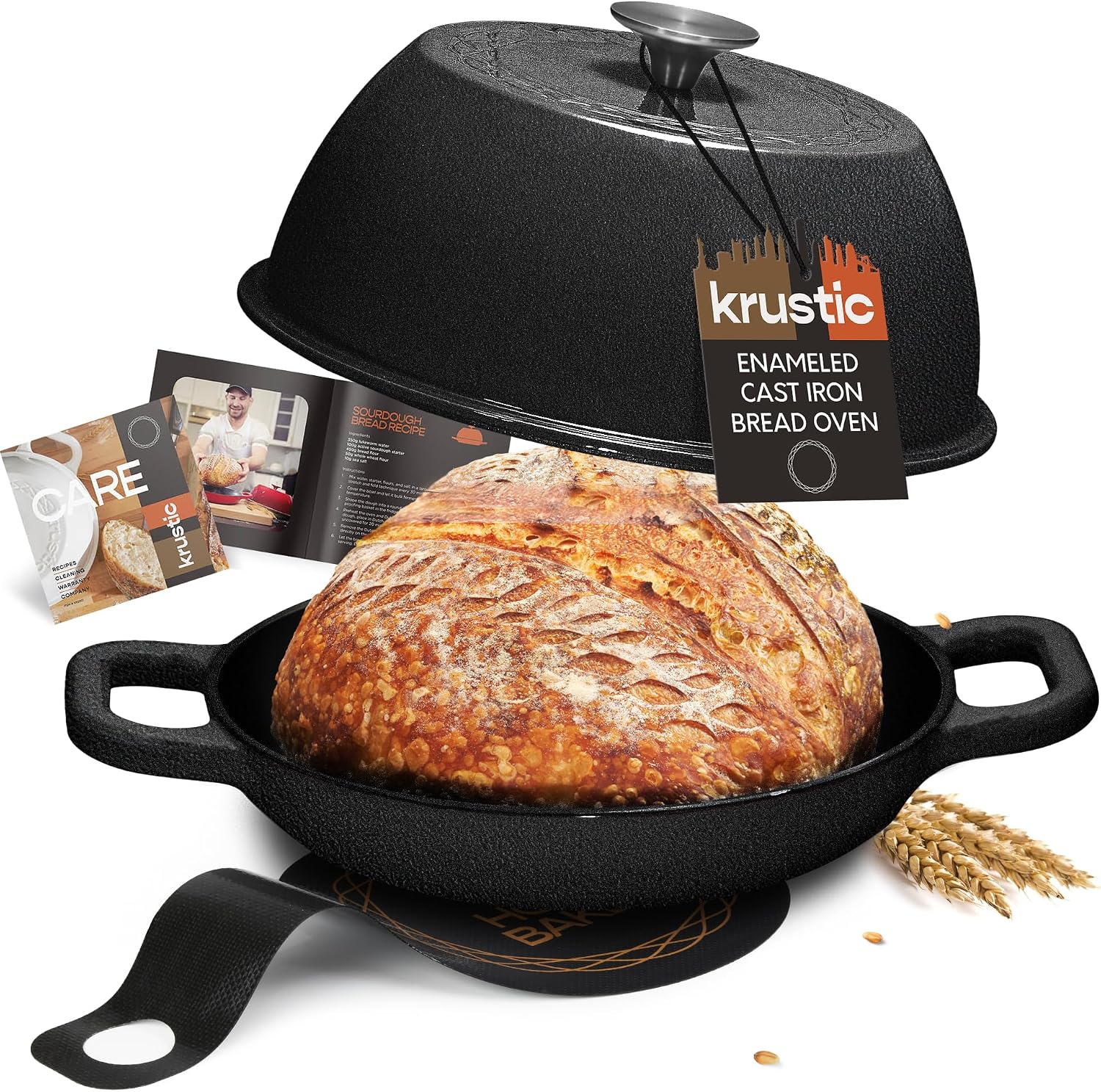 Enameled Cast Iron Dutch Oven for Sourdough Bread Baking | 6 Quart Round Pot with Lid | 10 Inch Ceramic Enamel Thick Coated Cookware Set with Non Stick Silicone Baking Mat for Cooking | 6 Qt |Black
