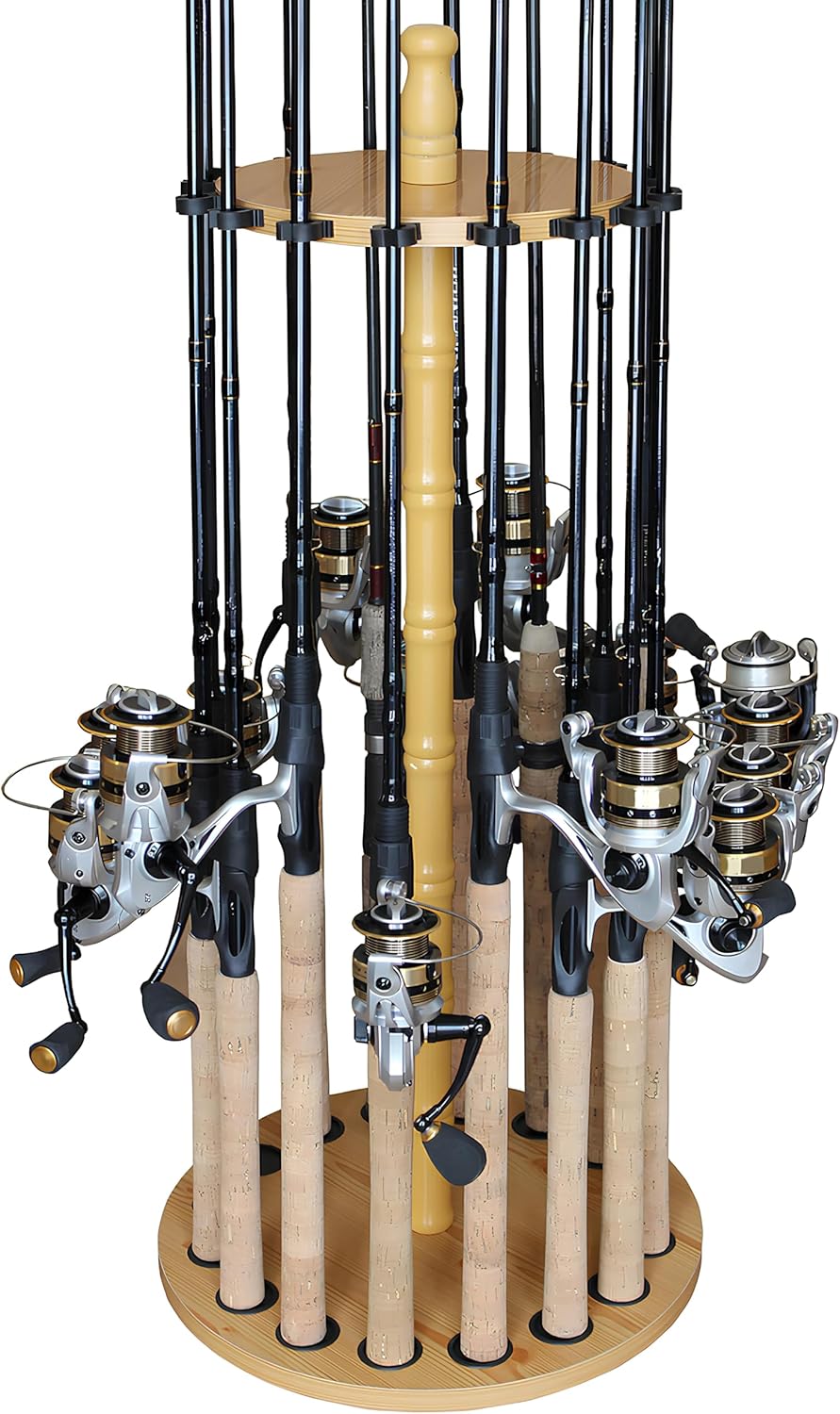Rush Creek Creations Round 16 Fishing Rod Storage Rack – Features Traditional Handcrafted Wood Post – No Tool Assembly, Wood Grain Laminate