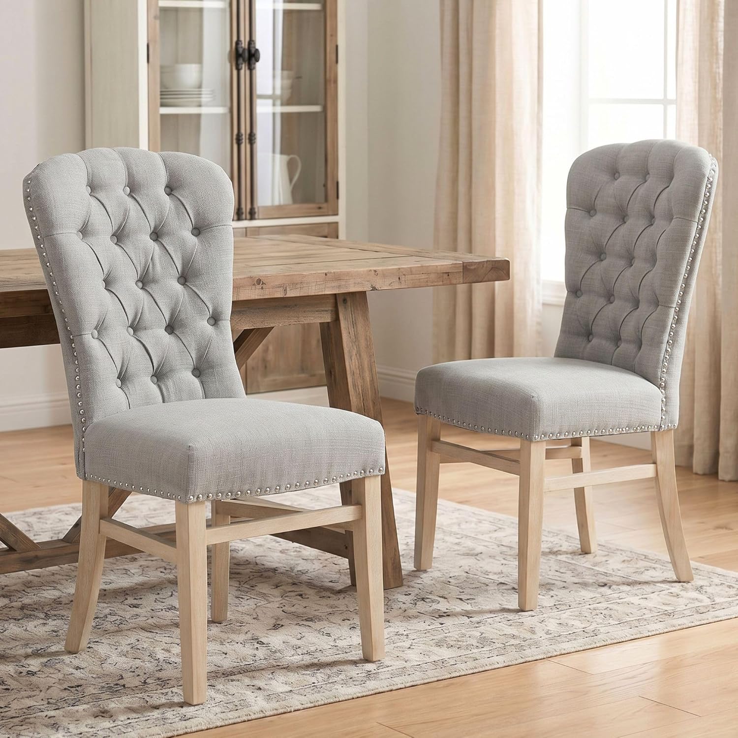 chairus High Back Linen Dining Chair Set of 2, Tufted Upholstered Kitchen Chair with Nailhead Trim & Back Pull Ring, Farmhouse Solid Wood Armless Parsons Chair for Dining/Living Room, Bedroom, Grey