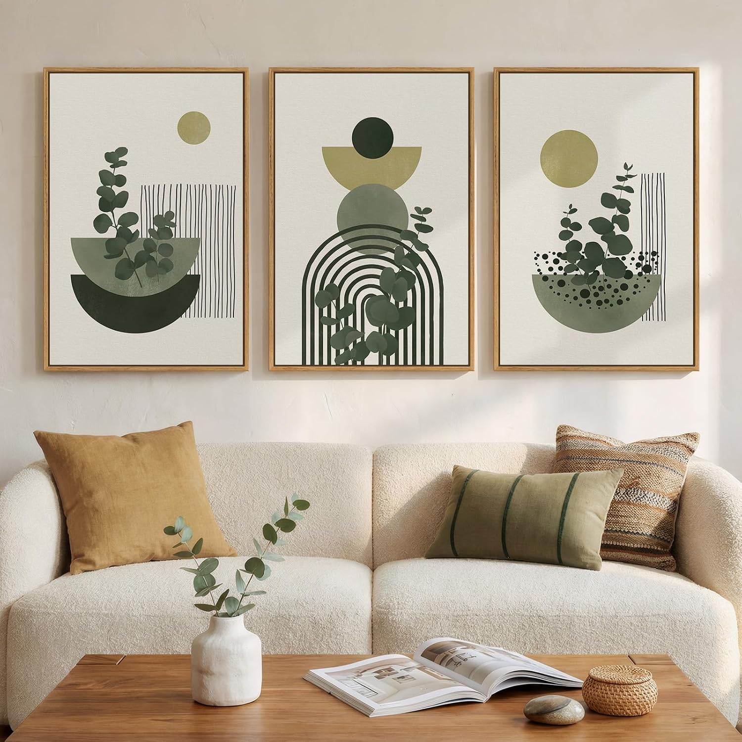 Framed Boho Botanical Wall Art for Living Room, 3 Piece Modern Green Bohemian Canvas Paintings Prints, Abstract Geometric Eucalyptus Leaf Pictures for Bedroom Dining Room Office Wall Decor, 16×24 Inch