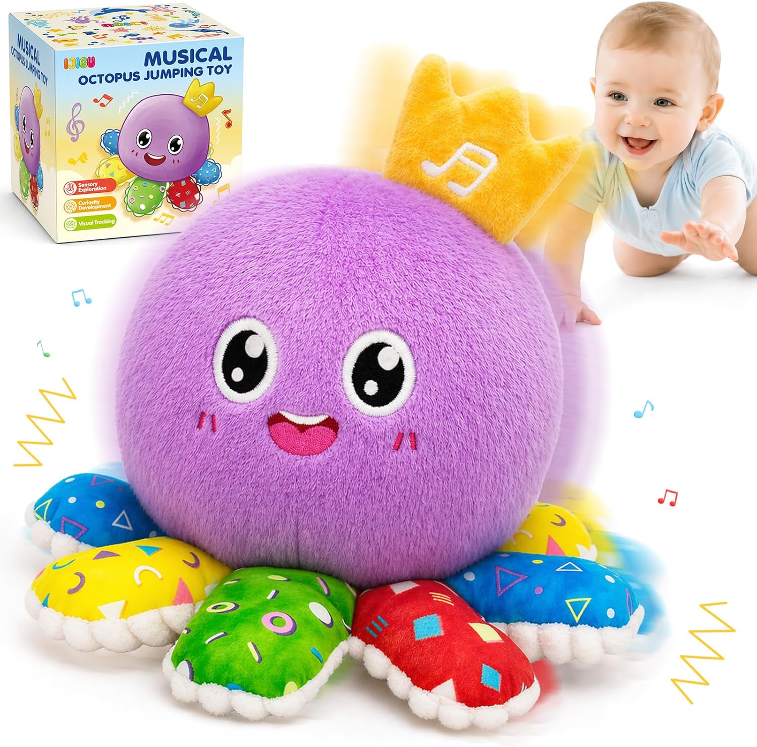 IJIGU Baby Toys 6-12 Months, Infant Musical Crawling Octopus Plush Toy, Interactive Tummy Time Sensory Toy for Babies 6-18 Months, Toddler Gift for Boys Girls