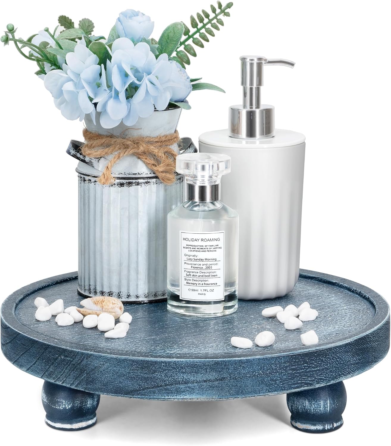 EOSAHR Decorative Display Risers for Living Room Decor – Farmhouse Wood Pedestal Stand for Kitchen Sink Organizer – Perfume Organizer for Bathroom Decor (Blue)