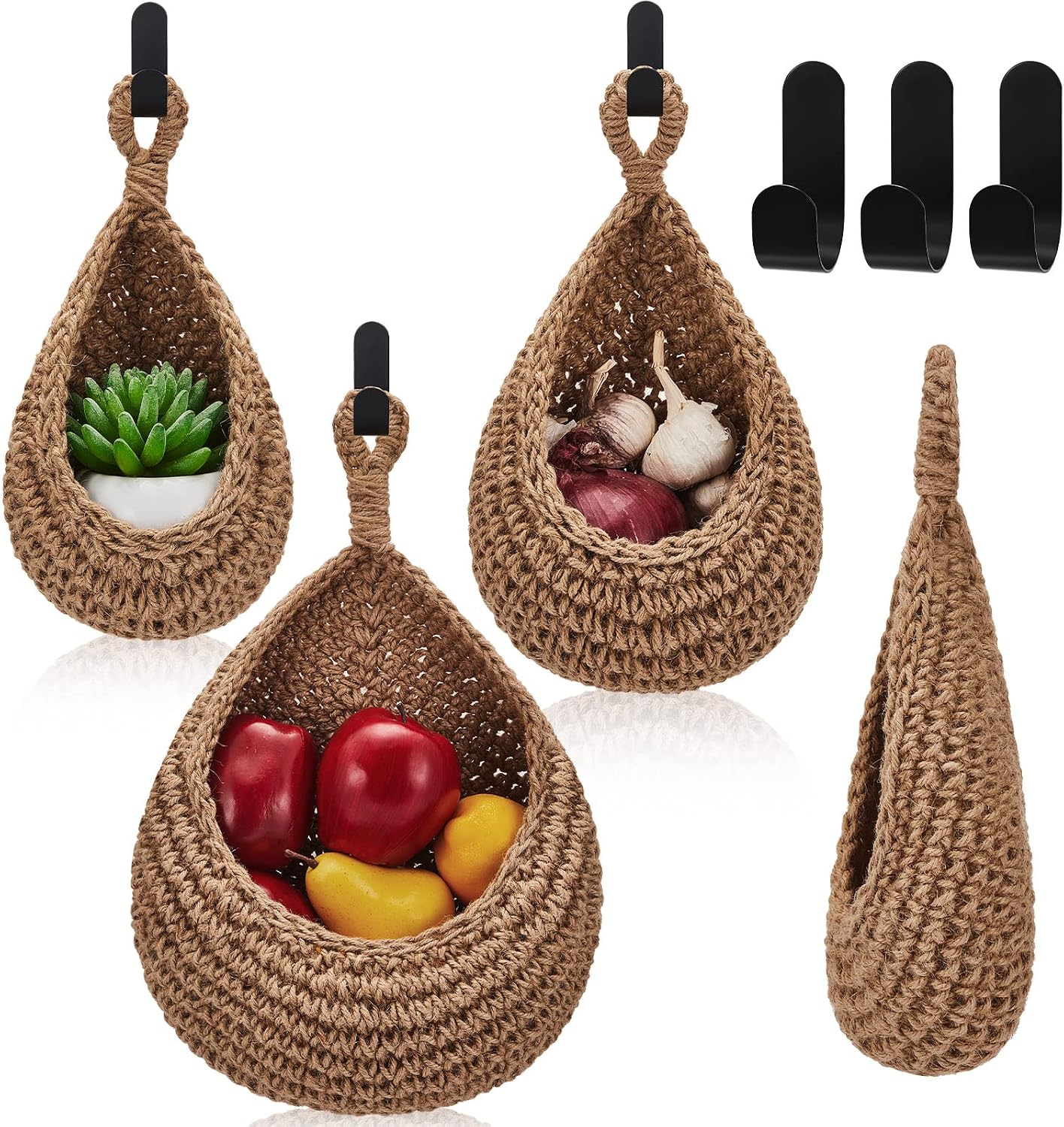 Honeydak Boho Decor Hanging Wall Baskets for Kitchen 3 Pack Teardrop Baskets with Hooks Storage Fruit Onion Vegetable Potato for Home 3 Sizes(Linen,Teardrop,Jute)