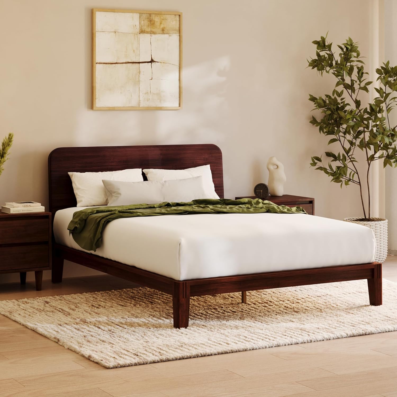 Nectar Bamboo Platform Bed Frame & Headboard – Walnut – Twin XL – Floating Center Support Legs – 12” Height – Tool Free Set Up – Contemporary – Sturdy Wooden Support Slats – Holds Up To 500 Pounds