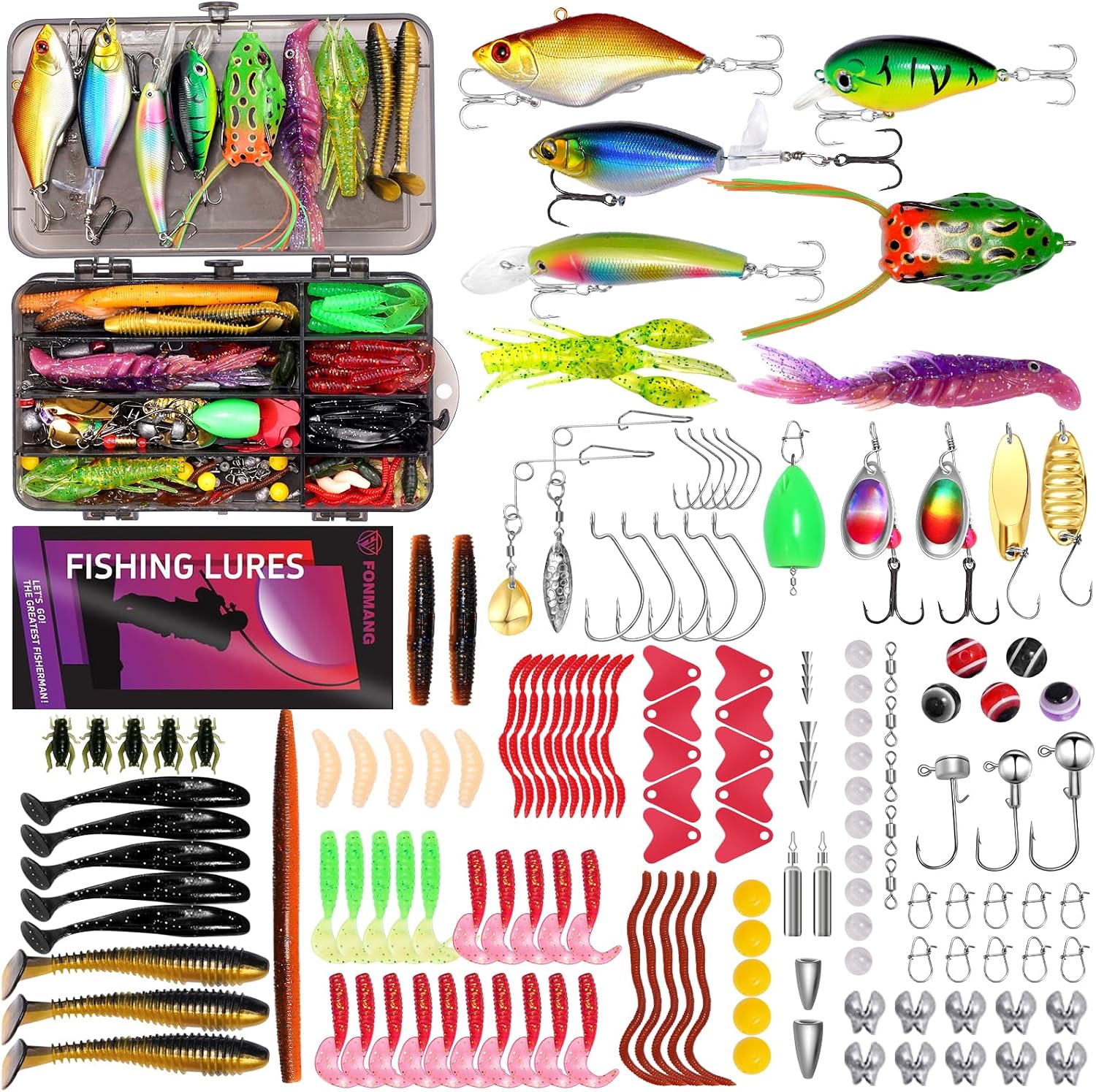 FONMANG Fishing Lures – Tackle Box with Tackle Included, Fishing Kit with VIBs, Frogs, Minnows, Soft Baits, Hooks & Weights Accessories, Freshwater Lure Kit for Bass Walleye Trout