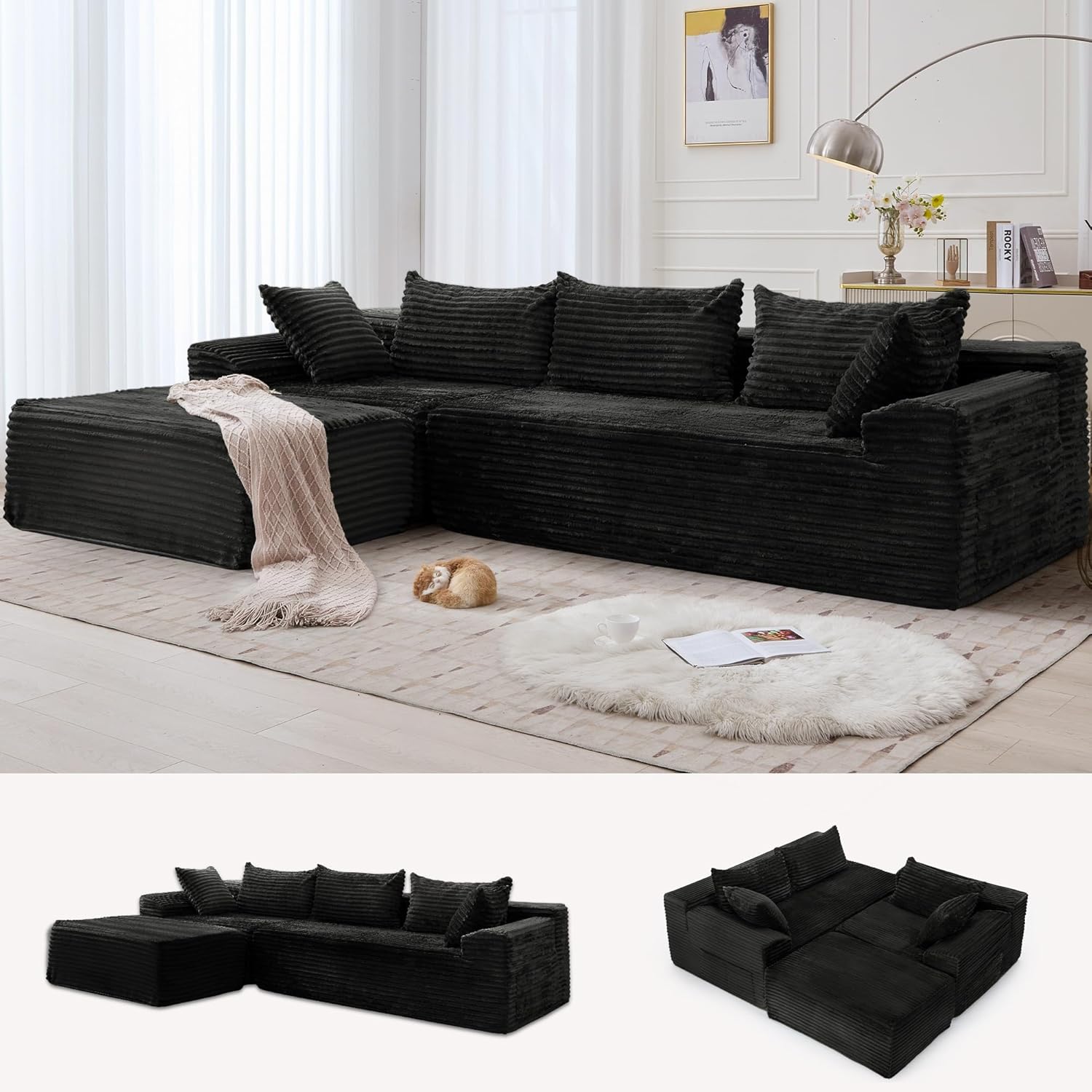 Korser 108″ L-Shaped Modular Sectional Sofa with Chaise, Boneless Comfy Corduroy Fluffy Couch with Deep Seat and Side Pockets, Flexible Module Combination for Living Room, No Assembly, Side Pockets