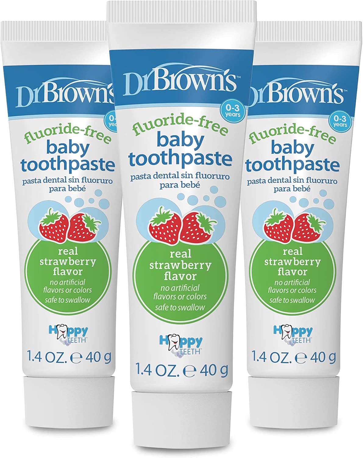Dr. Brown’s Fluoride-Free Baby Toothpaste, Infant and Toddler Oral Care, 1.4oz/40g, 0-3 Years, Strawberry, 3-Pack
