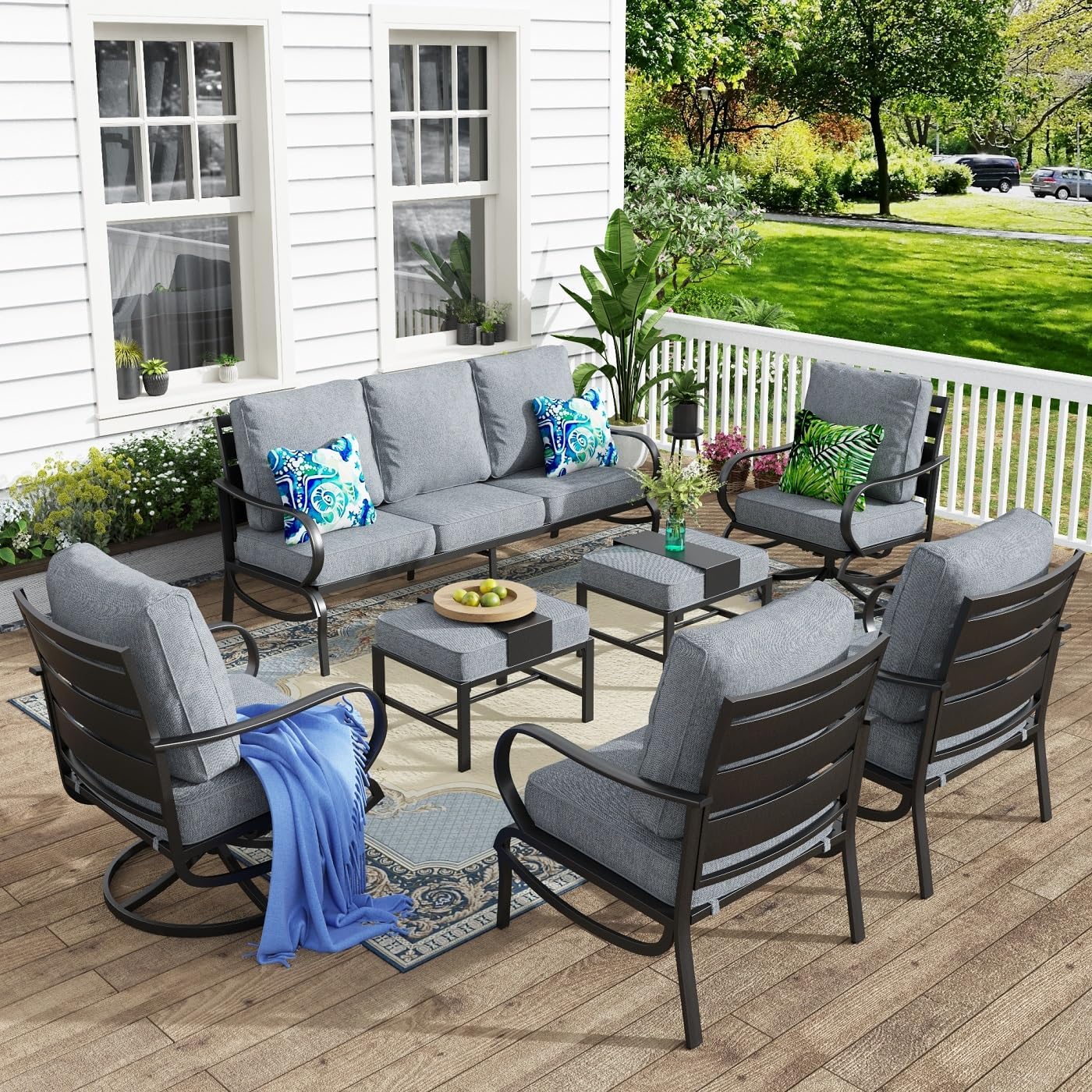 MFSTUDIO 7 Pieces Metal Patio Furniture Sets, 2 Swivel Chairs, 3-Seat Deep Seating Sofa, 2 Single Couch and 2 Ottoman, All Weather 9 Seats Outdoor Conversation Set for Garden Backyard, Grey Cushion