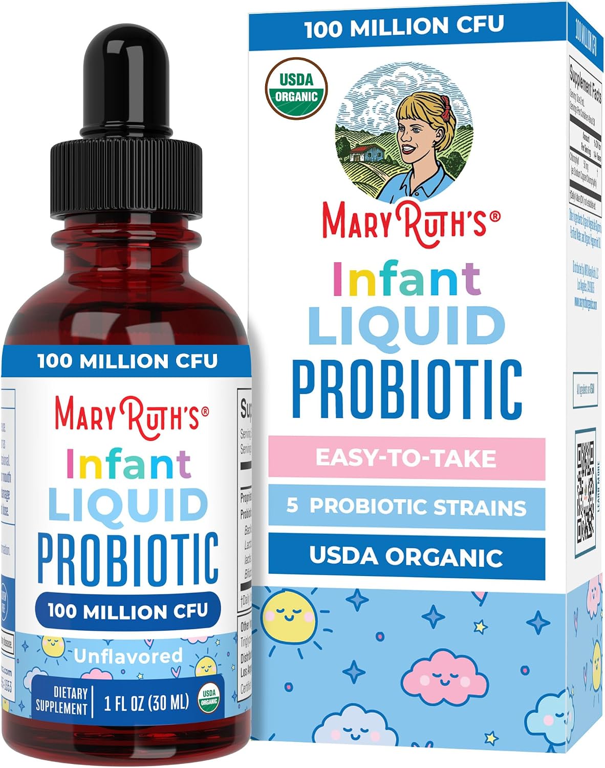 MaryRuth’s Organic Infant Liquid Probiotic for Ages 6-12 Months | 100 Million CFU | 5 Probiotic Strains | Probiotics for Infants | Proprietary Probiotic Blend | USDA Organic | Vegan | Unflavored |1 oz