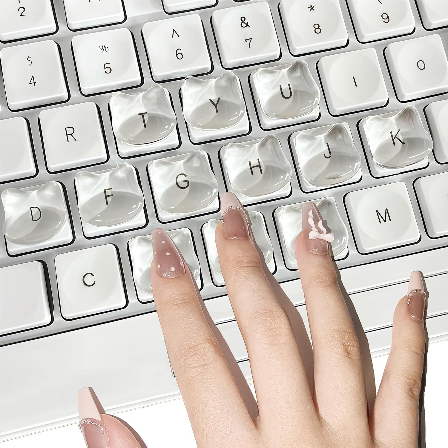 Transparent Glass Long Nail Keyboard Caps – 80 Raised Cat Head Keyboard Stickers, Nail-Safe Typing Bubbles, Clear PC/Laptop/Desktop/Calculator Key Covers