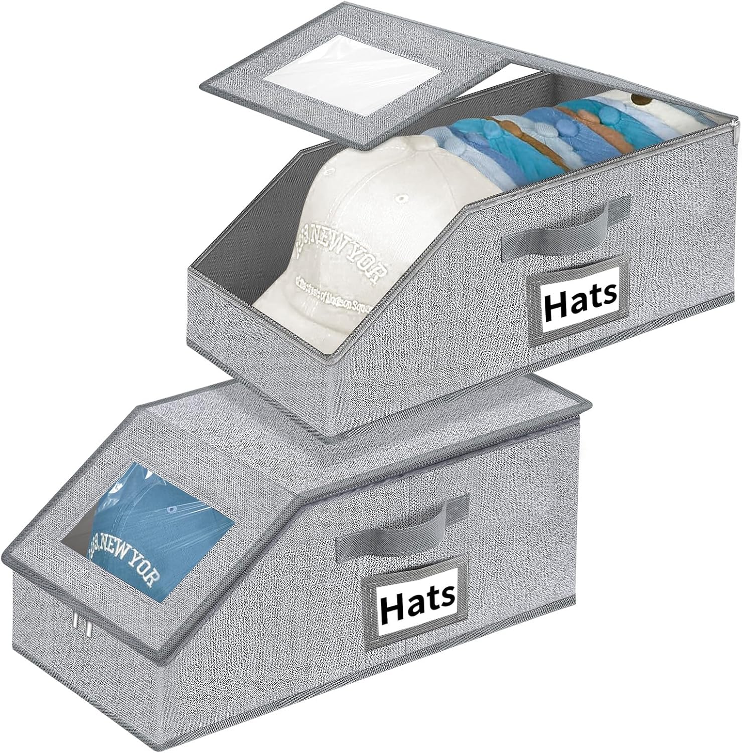 Stackable Hat Storage for Baseball Caps – Hat Organizer with Clear Window | 2PCS Stackable Storage with Clear Window Lid, Flip-Top Access, Space-Saving Hat Box for Closet, Breathable Fabric