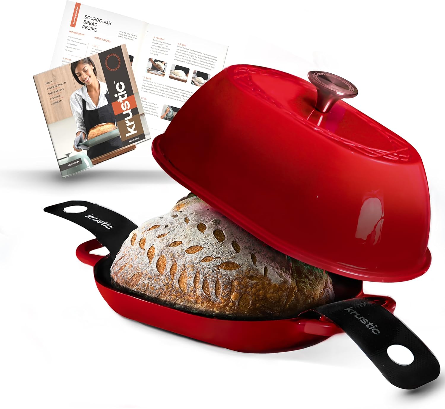 Krustic Enameled Cast Iron Dutch Oven for Professional Sourdough Bread Baking | 5.5 Quart Loaf Size Oval Cookware Pot with Lid | Triple-Layer Enamel Coating Pan with Non Stick Silicone Mat |Red