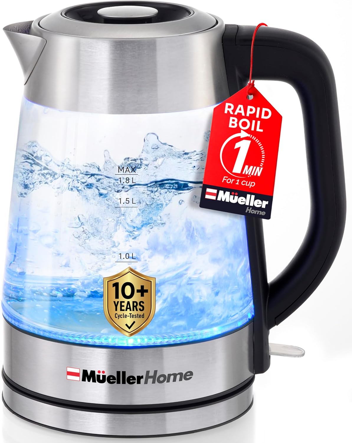 MUELLER HOME Rapid Boil Electric Tea Kettle 1.8L – Borosilicate Glass & Stainless Steel – BPA-Free Hot Water Boiler, LED Light, Auto Shut-Off, Boil Dry Protection Fast Water Heater, Kitchen Appliances