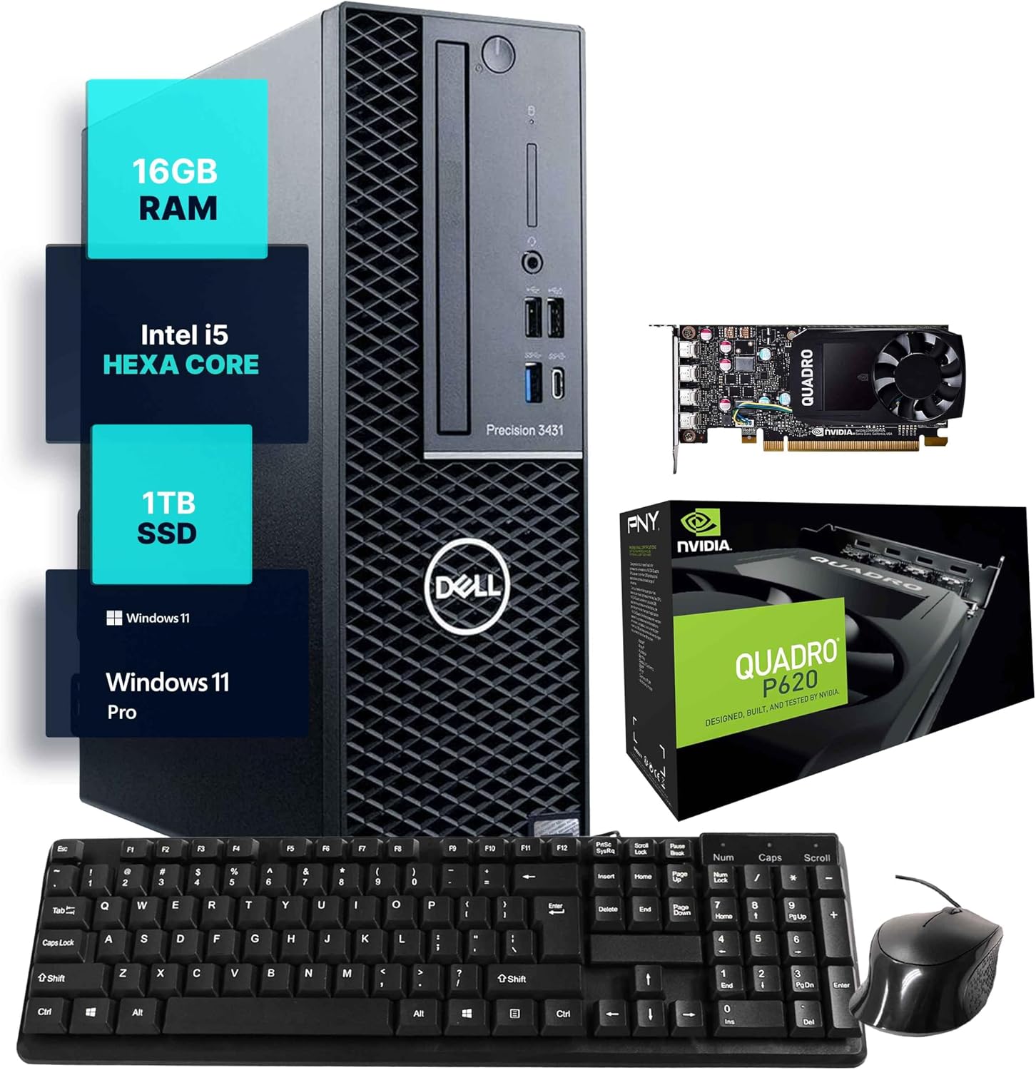 Dell Precision Workstation PC | Quadro P620 GPU – Editing & Design | Windows 11 Pro | Intel i5-9500 | 16GB RAM 1TB SSD | Home or Office Computer | WiFi 6 AX200 + BT (Renewed)